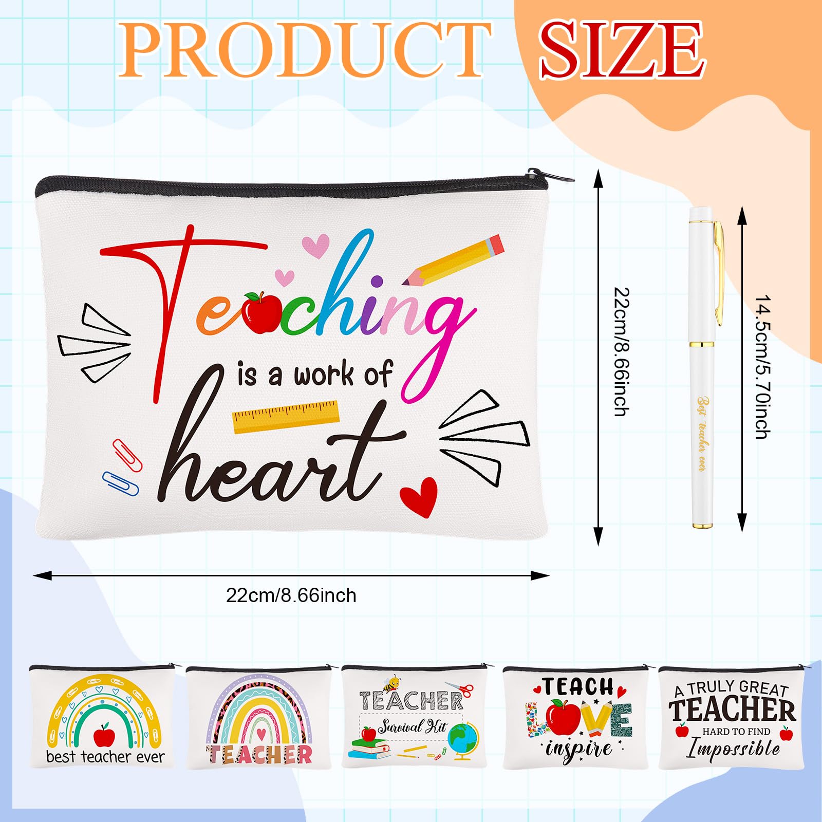 ULELE 6Sets Teacher Appreciation Gift Teacher Multifunctional Makeup Bag Teacher Canvas Pencil Bag with Teacher's Day Keychain - Image 2