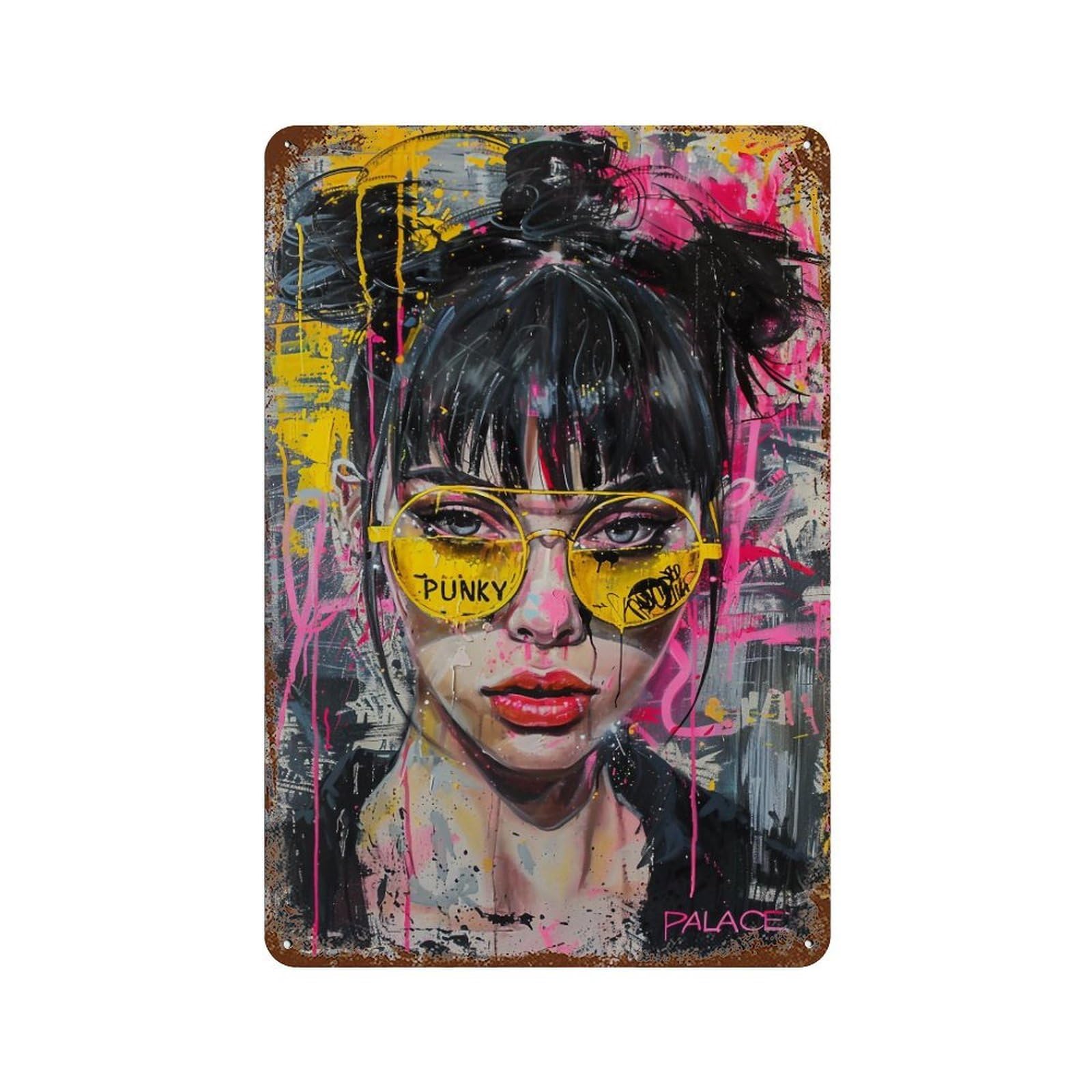YHGERTKU Vibrant Yellow Sunglasses Punk Girl Portrait 02 Wall Art Retro Iron Vintage Metal Tin Sign Poster Modern Decor for Living Rooms Gift 30x20cm