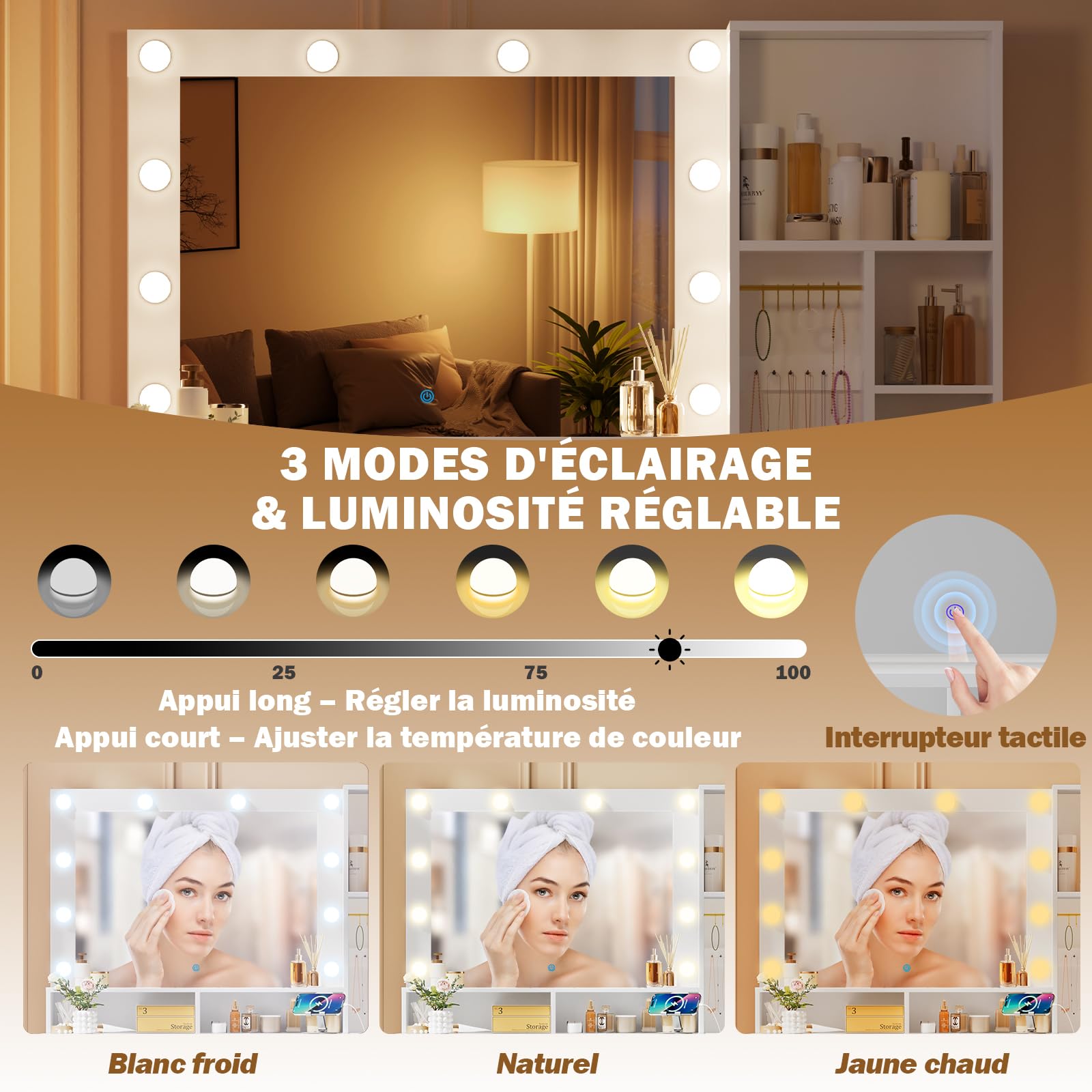 TRIUMPHKEY Coiffeuse Avec éclairage LED Réglable Et Prises