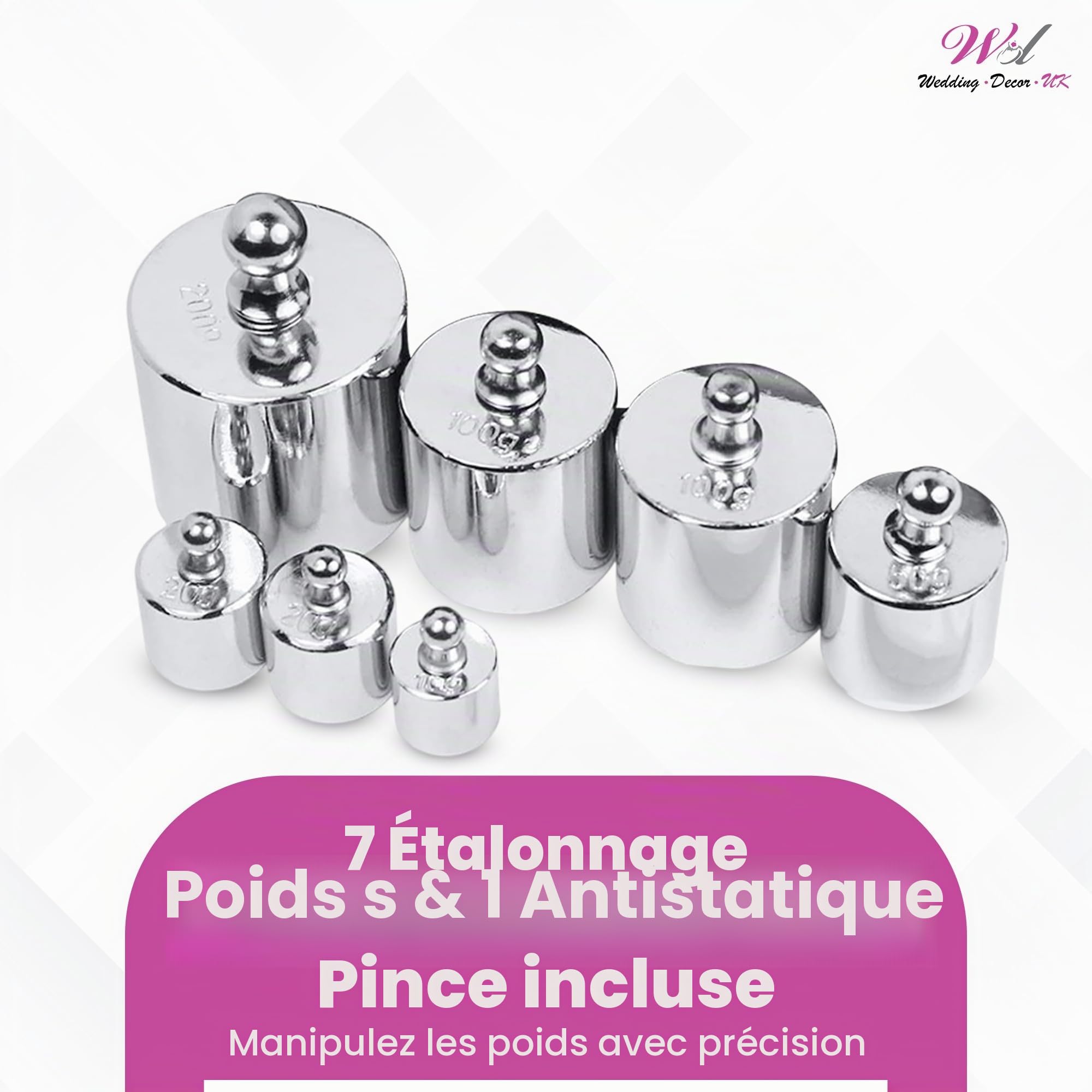 WedDecor 500g, Ensemble de 7 Poids de Calibration en Acier Inoxydable avec Pinces pour Balance Numérique, Balance de Poche, Bijoux, Cuisine et Laboratoire – Poids de Calibration Précis Chromé