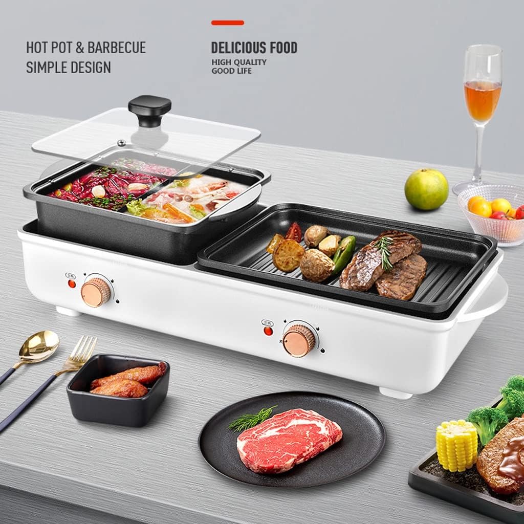hot Pot Heat Insulation Anti-scalding Shabu Grilling Hot Pot All-in-one Pot Independent Temperature Control Multifunctional Household Electric Bakeware stockpots (Color : White)