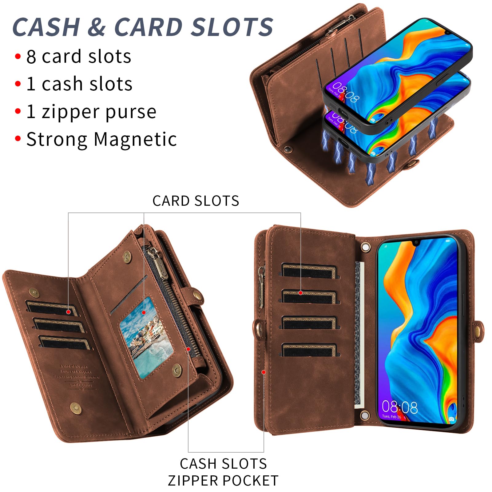 Asuwish Étui de téléphone pour Huawei P30 Lite/Nova 4E - Fermeture éclair - Étui portefeuille amovible avec protection d'écran en verre trempé - Bandoulière à rabat - Porte-cartes Hawaii P30Lite P 30