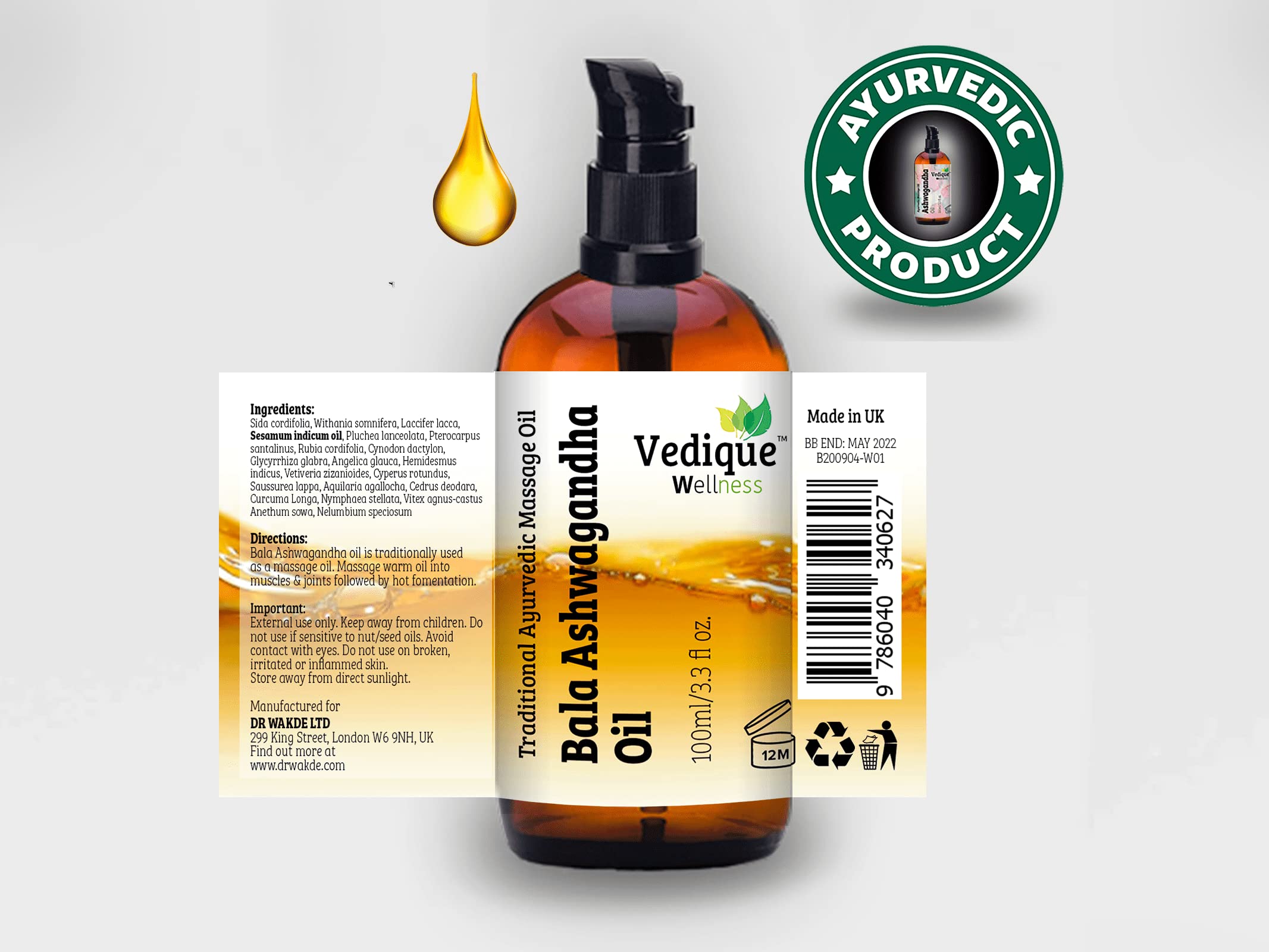 VEDIQUE Remedies Bala Ashwagandha olejek | 500 ml | ponad 15 leczniczych ziół | ajurwedyjski klasyczny olejek do masażu | rewitalizujący, energetyzujący i pielęgnujący | całkowicie naturalny