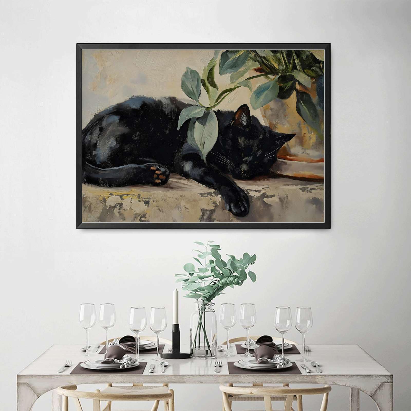 FLWAN Black White Atomic Cat Canvas Art - Modern Abstract Wall Decor For Living Room & Bedroom