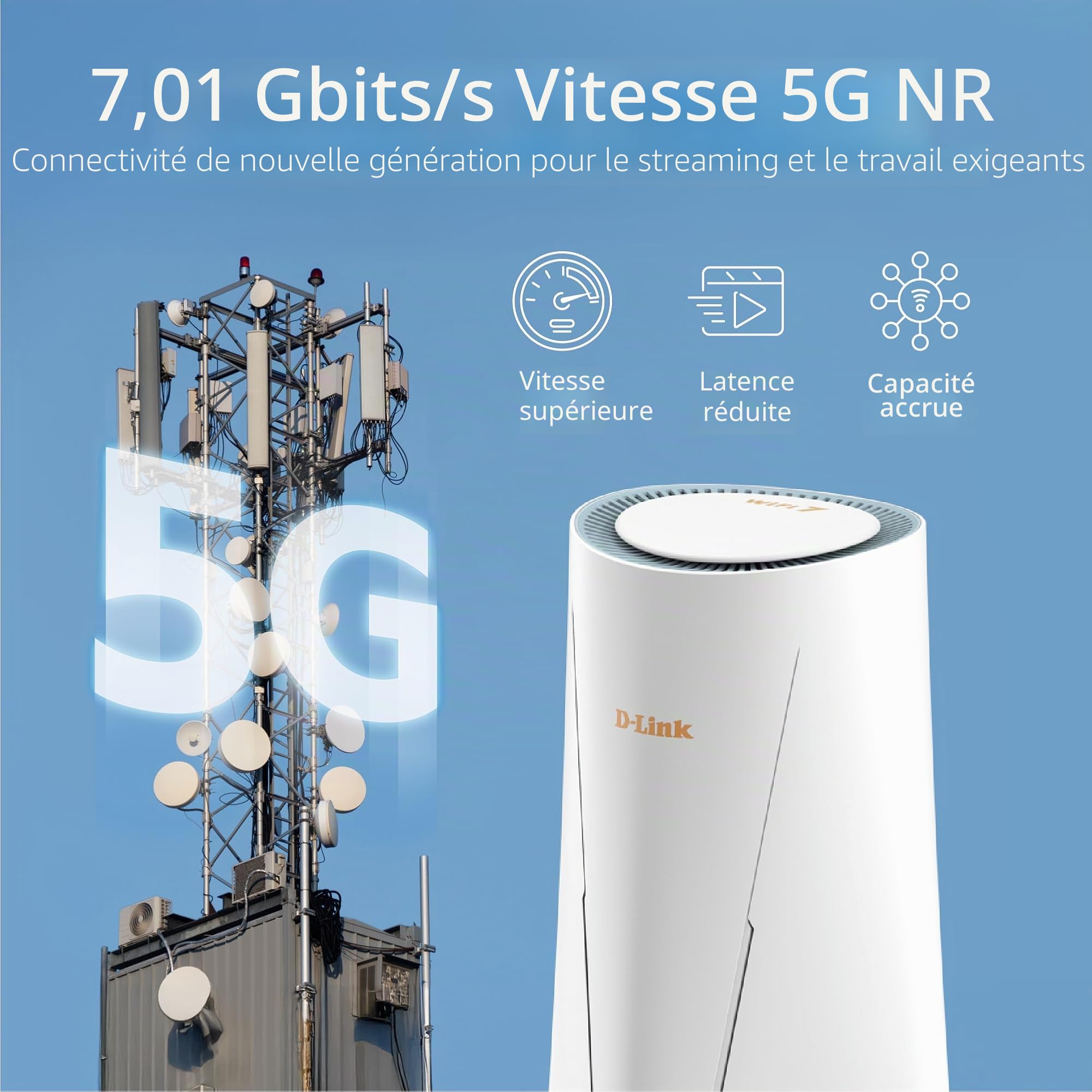 D-Link G572 Routeur 5G NR Wi-FI 7 BE7200 – Ultra-Rapide 7,01 Gbit/s 5G, 7200 Mbit/s Wi-FI 7, Port WAN 2.5G, Basculement Auto-WAN, Support antennes TS-9, Configuration Facile Via l’app Falcon