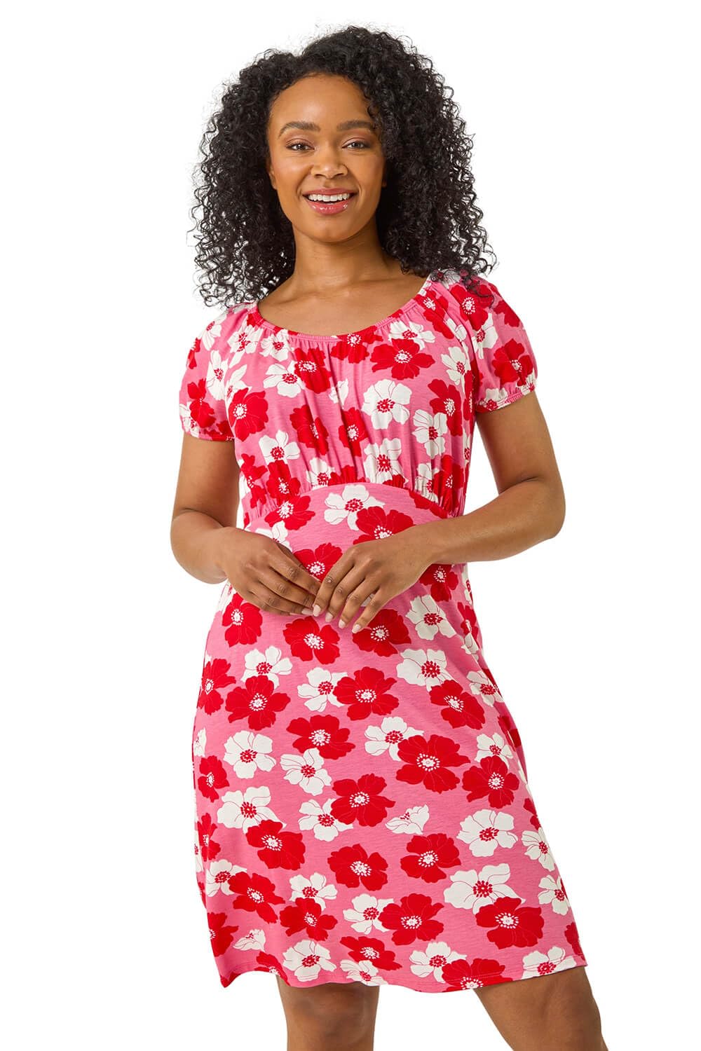 Roman Women's Petite Floral Gathered Stretch Dress in Pink | Size: 14