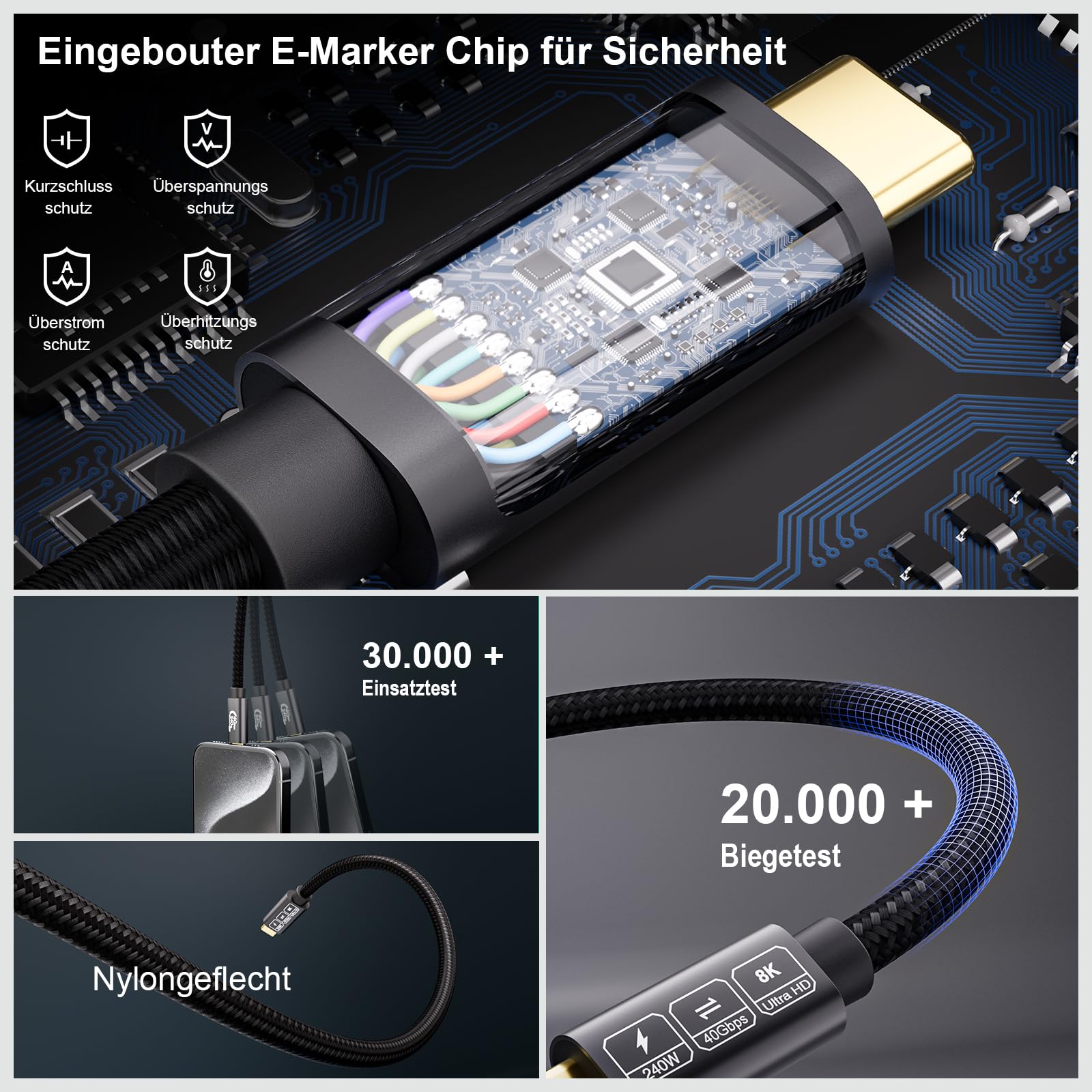 USB4 Kabel mit Thunderbolt 4 Kabel 3m,40Gbps Datenkabel,Schnellladung 240W 48V/5A,8K@60Hz 4K@144Hz Thunderbolt 3 Kable für iPhone16,iPhone15,MacBook,Monitor, Galaxy S24,iPad,Switch,VR,eGPU