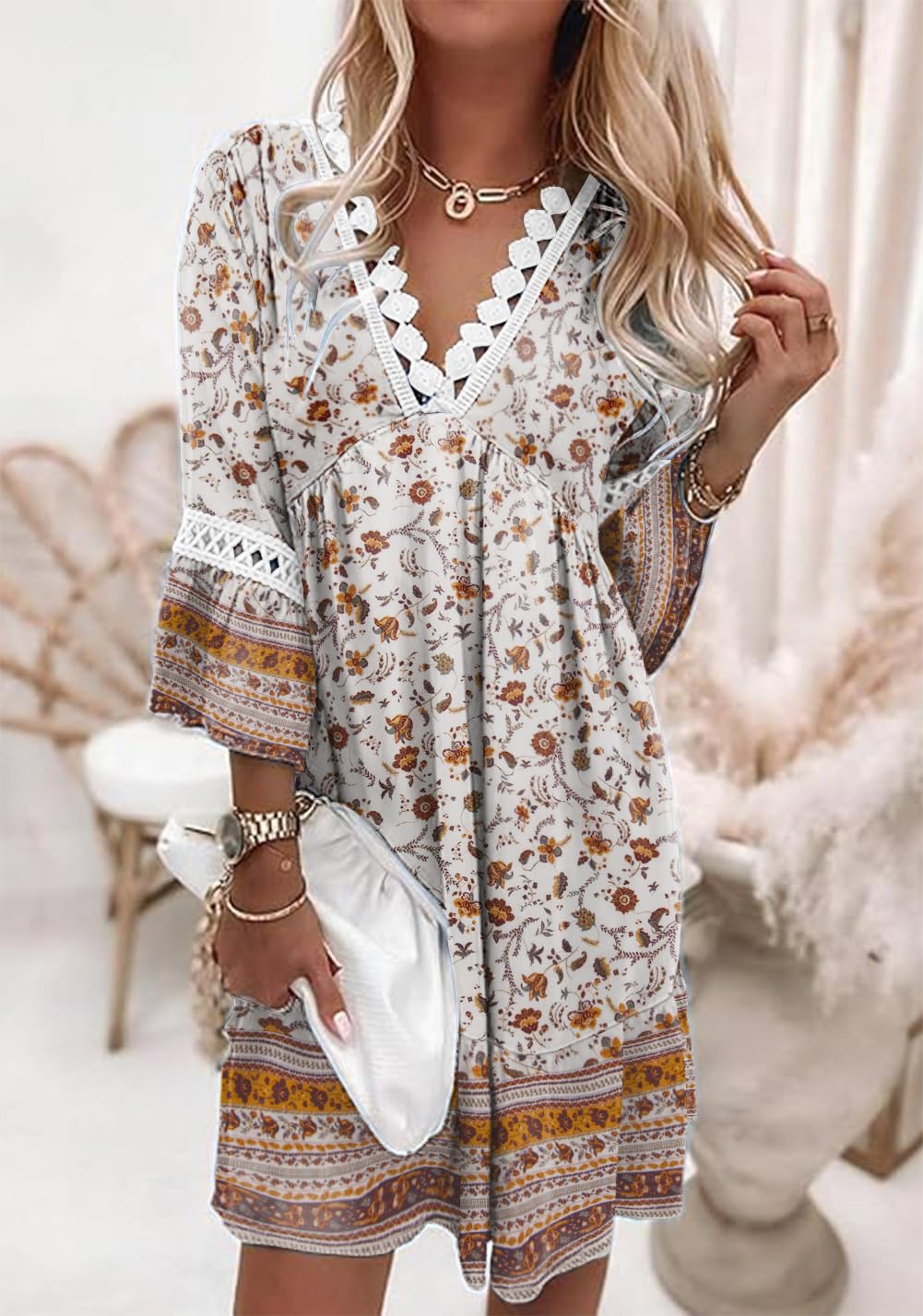 YUTILA Robe de plage bohème pour femme - Col en V - Manches 3/4 - Motif floral - Mini robe tunique vintage - Style ethnique - Robe d'été - 100 % viscose