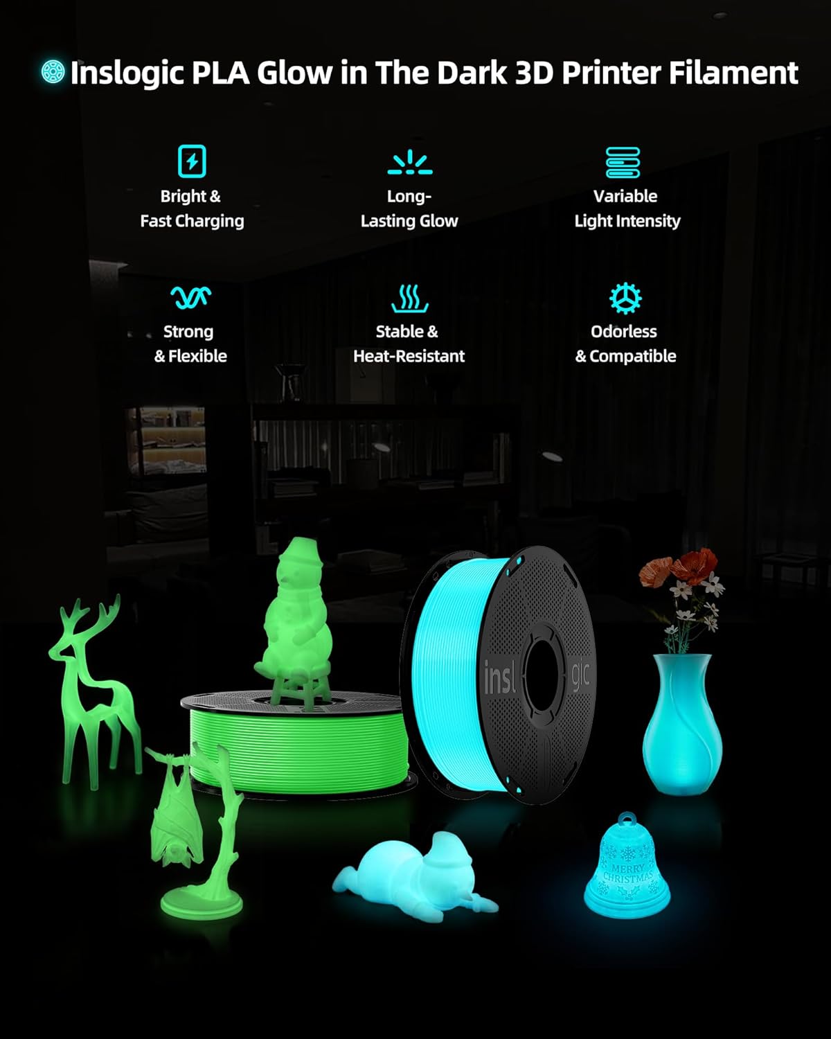 Inslogic PLA Glow in The Dark Filament, White (Blue Glow), Luminous 3D Printing Filament 1.75mm ±0.02mm, 1kg Reusable Spool, Compatible with SUNLU and Bambu Lab Refill System - Image 2