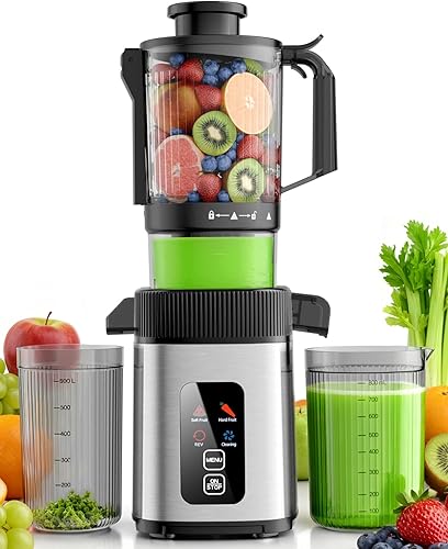 Kismile Exprimidor de prensa en frío con control táctil y 3 modos, 4.35 pulgadas de ancho de alimentación exprimidor lento para frutas y verduras