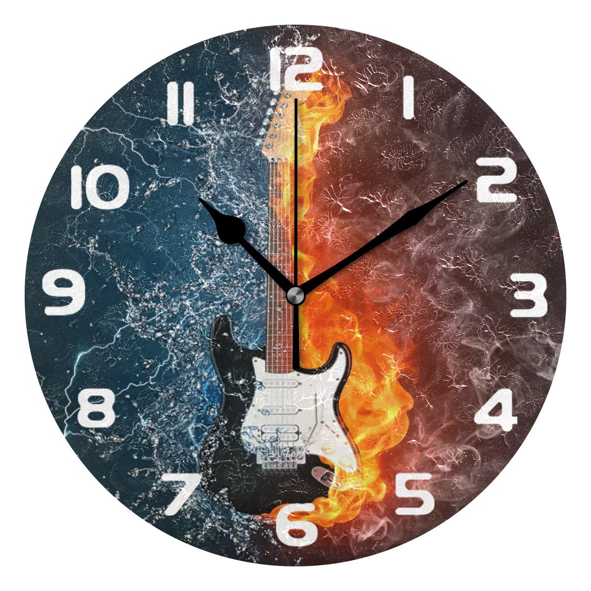 Hunihuni Wall Clock Ice Fire Rock Music Guitar Silent Non-ticking Clock for Bedroom Living Room Home Office Decor