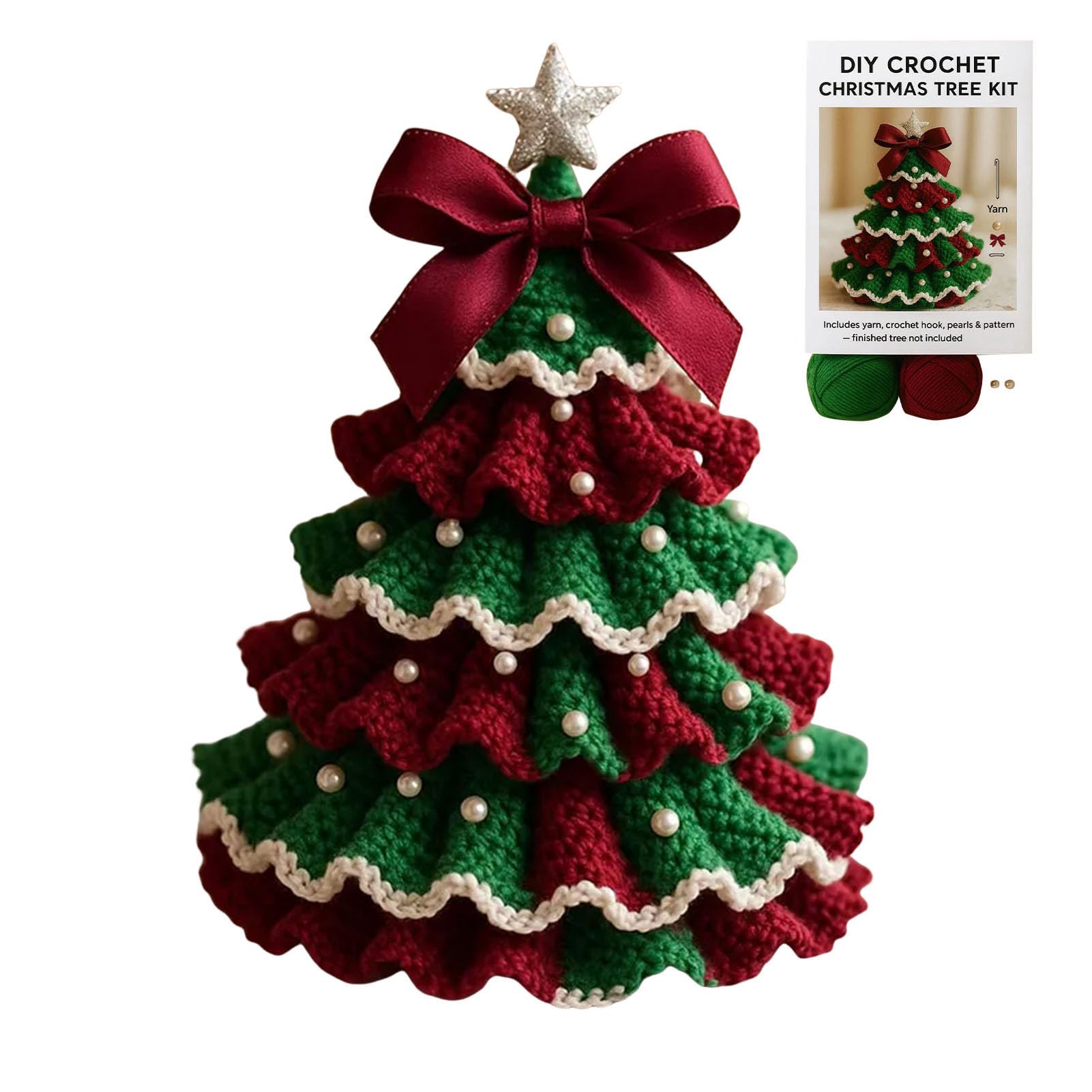 Somerway Women's Red+Green Christmas Tree Crochet Kit For Beginners Adults, Xmas Tree Christmas Craft Crochet Set With Bow And Pearl Embellishment For Festival Christmas Decorations Gift (Red+Green)