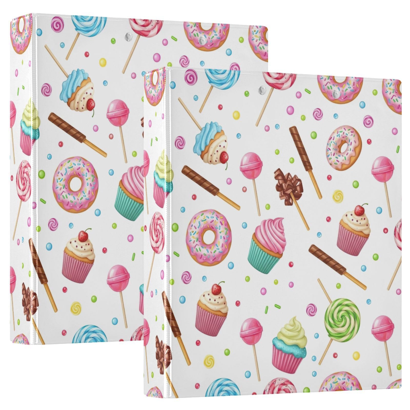 Raccoglitore a 3 anelli colorati con cupcake, 3,8 cm, raccoglitori flessibili ad anelli con tasche, 3 raccoglitori ad anelli per scuola, università, ufficio (confezione da 2)