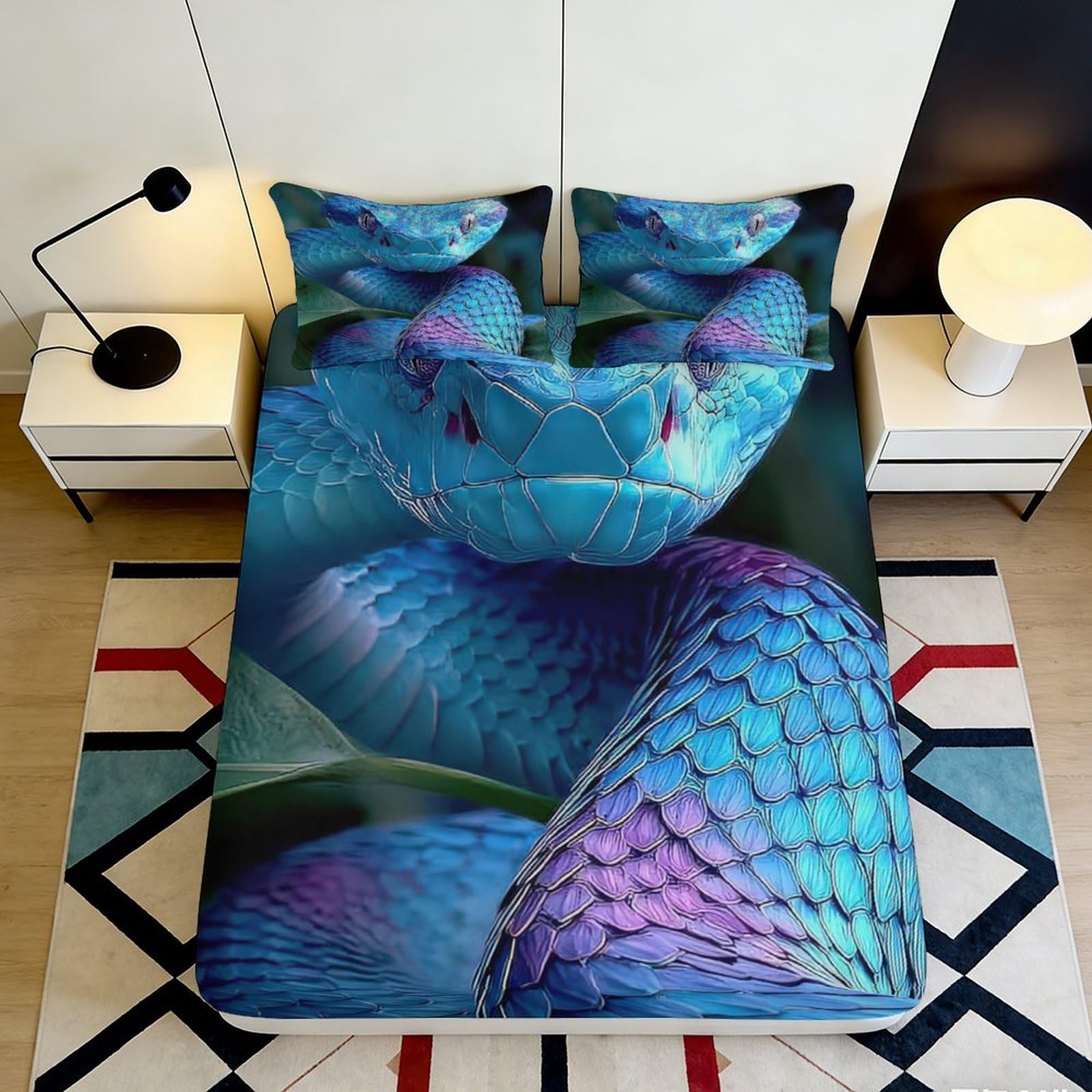 Kzqnxhjprl Style-9 3D Printed Blue Viper Fitted Sheet Microfiber Snake Pattern Bed Cover For Bedroom Dorm Mattress Protection Decor 90X200x25cm