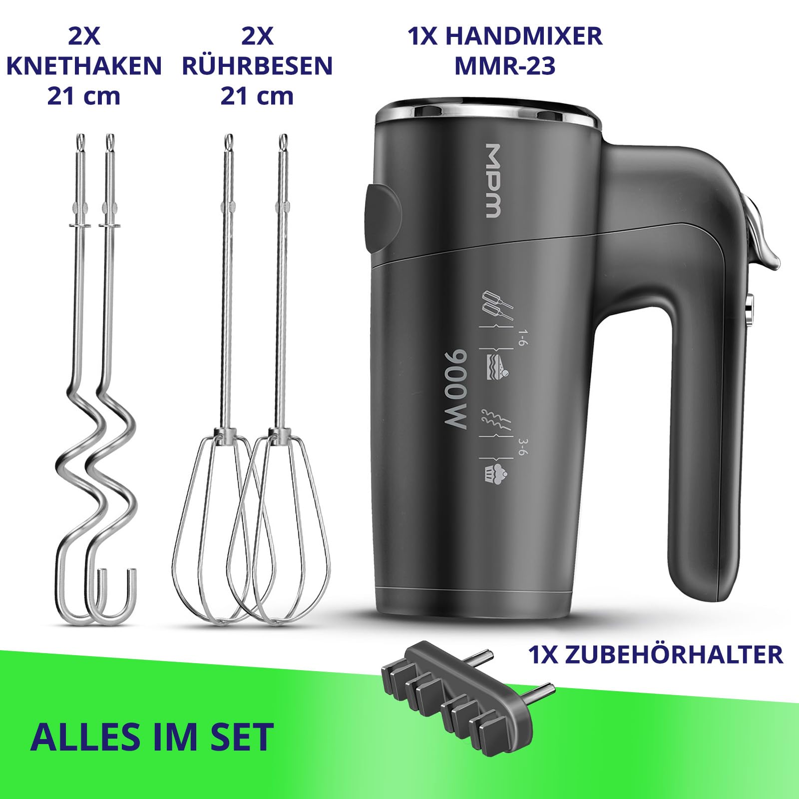 MPM Handmixer 900W - 6 Geschwindigkeitsstufen + Turbo, 4 Lange Rühraufsätze | Handrührgerät mit Auswurftaste, Sicherheitsverriegelung, spülmaschinenfeste Rühraufsätze - Schnelles Verarbeiten von Massen