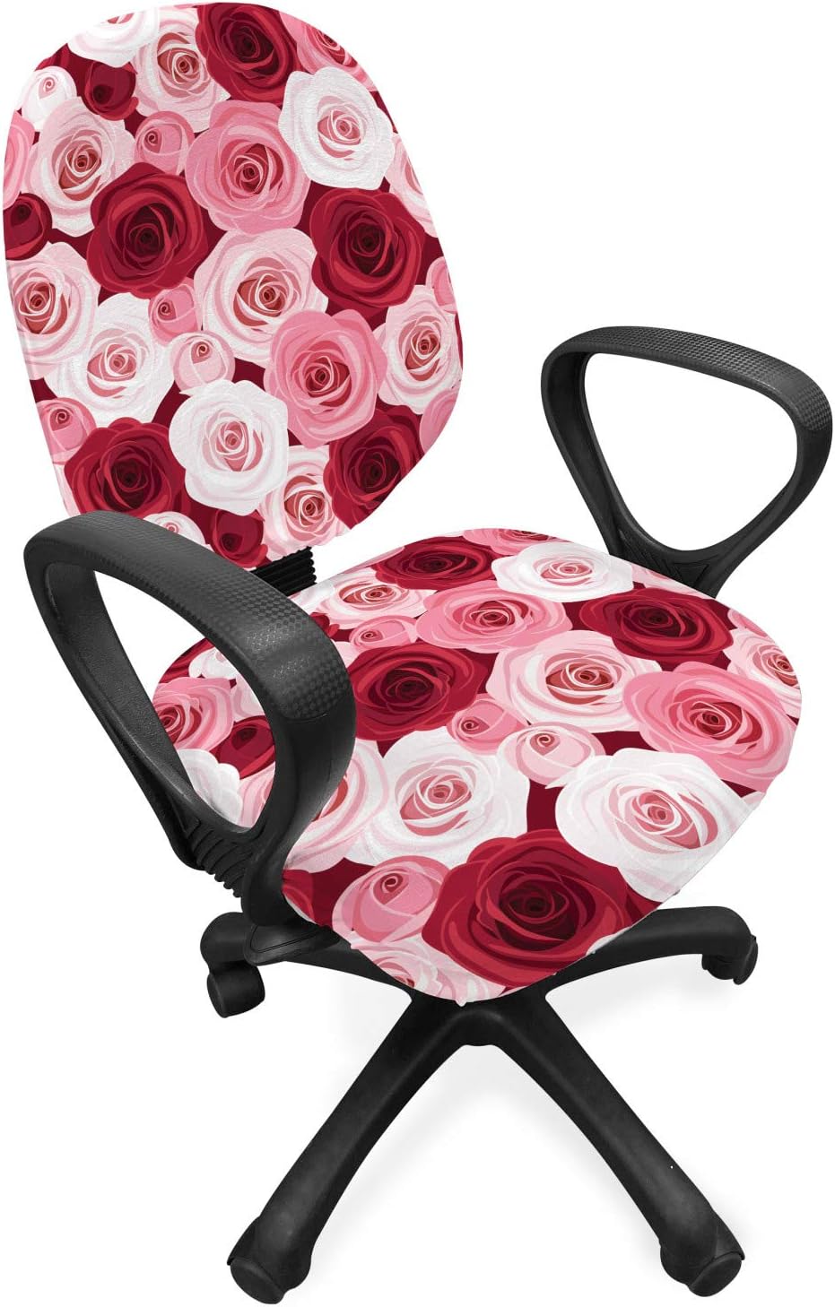 Lunarable Rose Office Chair Slipcover, Bunch of Colorful Roses Rosebuds Bouquet Continuous Natural Ornate Illustration, Protective Stretch Decorative Fabric Cover, Ruby Pink White