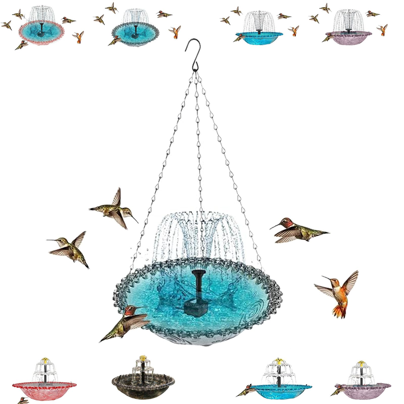 Solar Cascade Hanging Bird Bath Fountain, Outdoor Hanging Bird Bath with Solar Fountain, Hanging Humming Birdbath with Solar Pump, Hanging Water, Attracts Hummingbirds & Wild Birds (Blue,A) — view 12