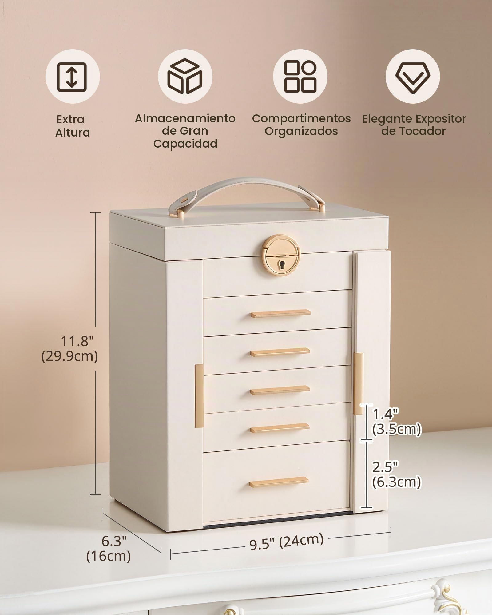Lolalet Caja Organizadora de Joyas Grande 6 niveles con Espejo Beige | con Cerradura, para Anillos, Pendientes, Pulseras, Collares y Relojes. Ideal para Hogar y Regalos para Mujeres