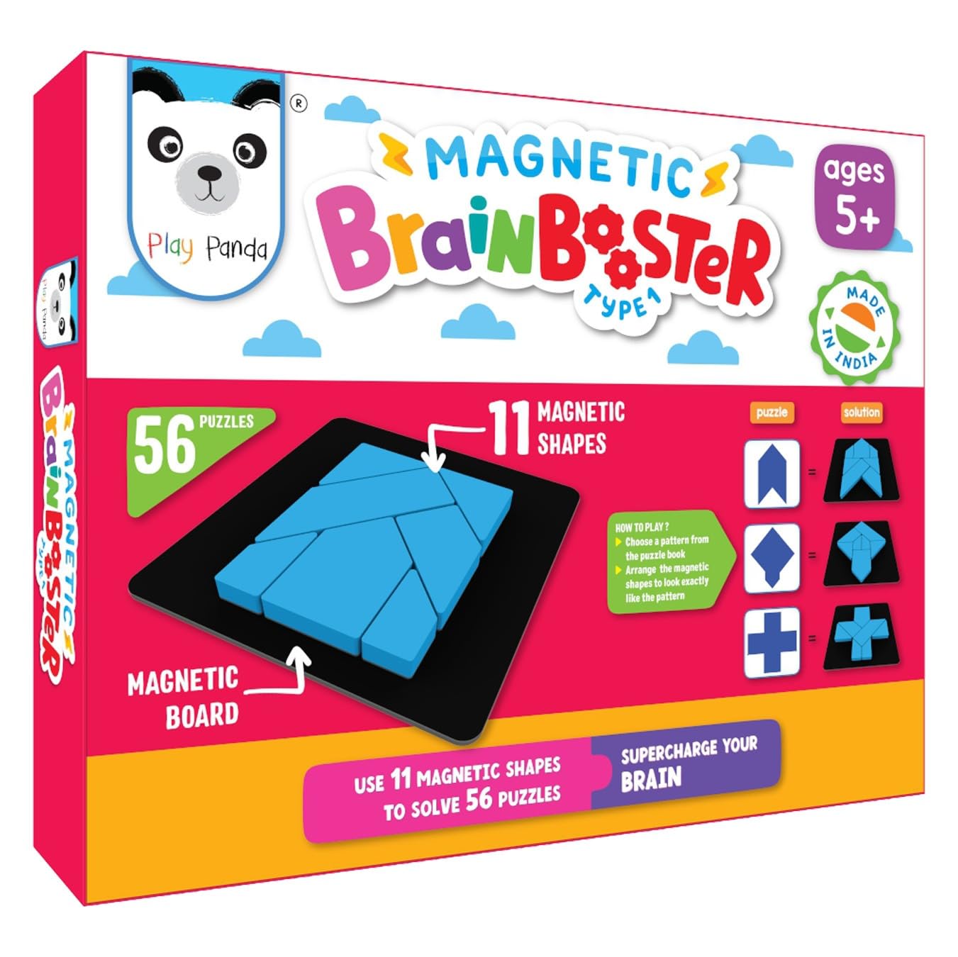 PLAY PANDA Brain Booster Type 1 (Junior) - 56 Puzzles Designed To Boost Intelligence - With Magnetic Shapes, Magnetic Board, Puzzle Book And Solution Book - For 7 8 9 10 Upto 15 Years