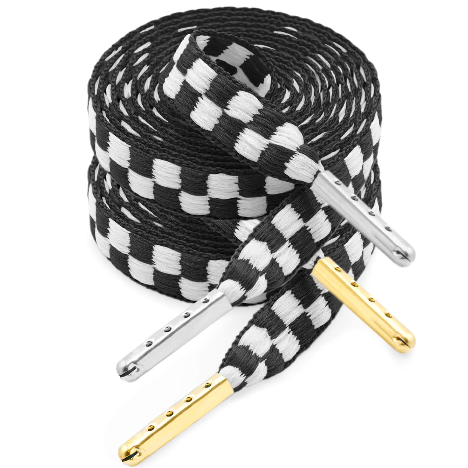 YJRVFINE Flat Checker Shoe Laces: 2 Pairs Checkered Shoelaces with Metal Tip for Sneakers