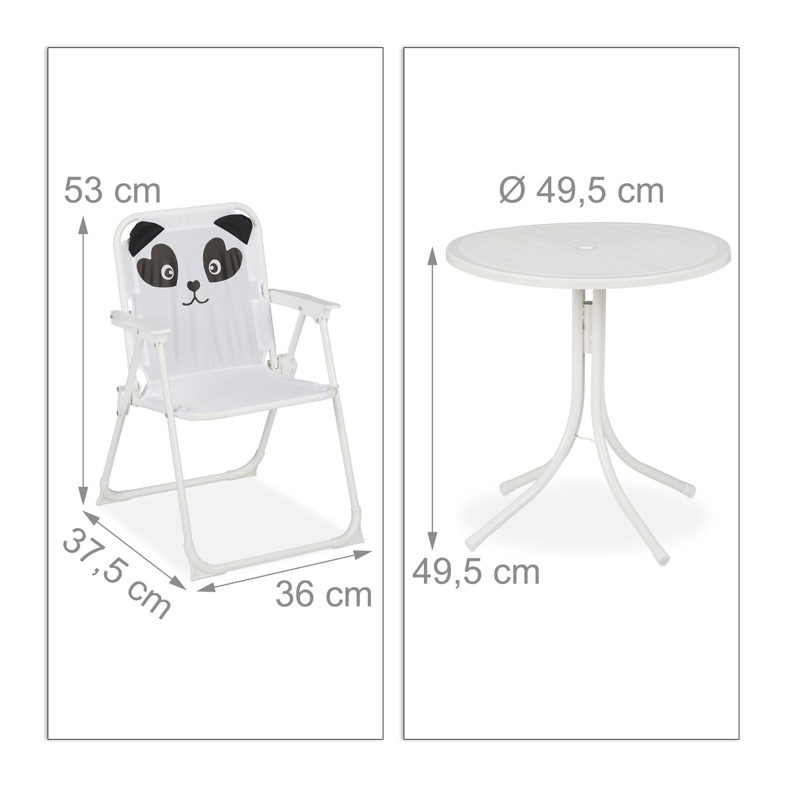 Relaxdays, Biały zestaw mebli kempingowych dla dzieci z parasolem, składanymi krzesłami i stołem, zestaw ogrodowy dla dzieci, panda, 10028889_1094