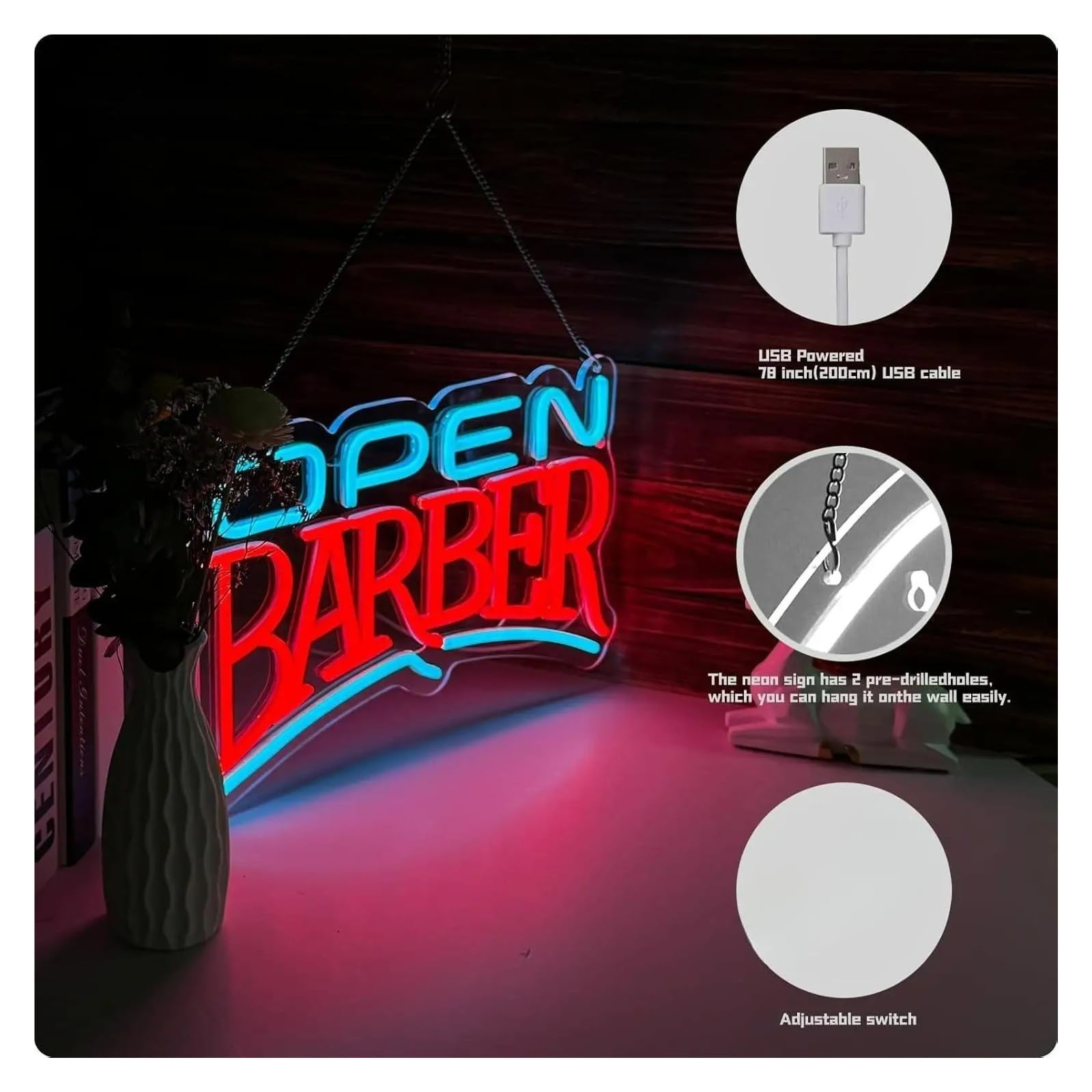 XENITE Néon Enseignes lumineuses Decor Enseigne Néon Barber Open USB, Lumières À Intensité Variable Pour Magasins, Salon De Coiffure, Studio,décor Artistique 41.66x25.4cm