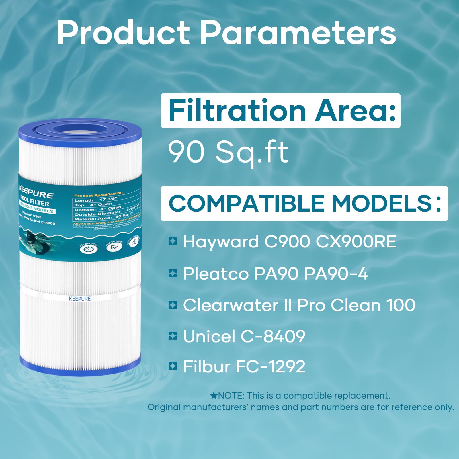 KEEPURE C900 Pool Filter Cartridge Replacement for PA90, CX900RE, CX900-RE, C-8409, FC-1292, PXC95 Filter Cartridge, 90 sq.ft, 1 Pack