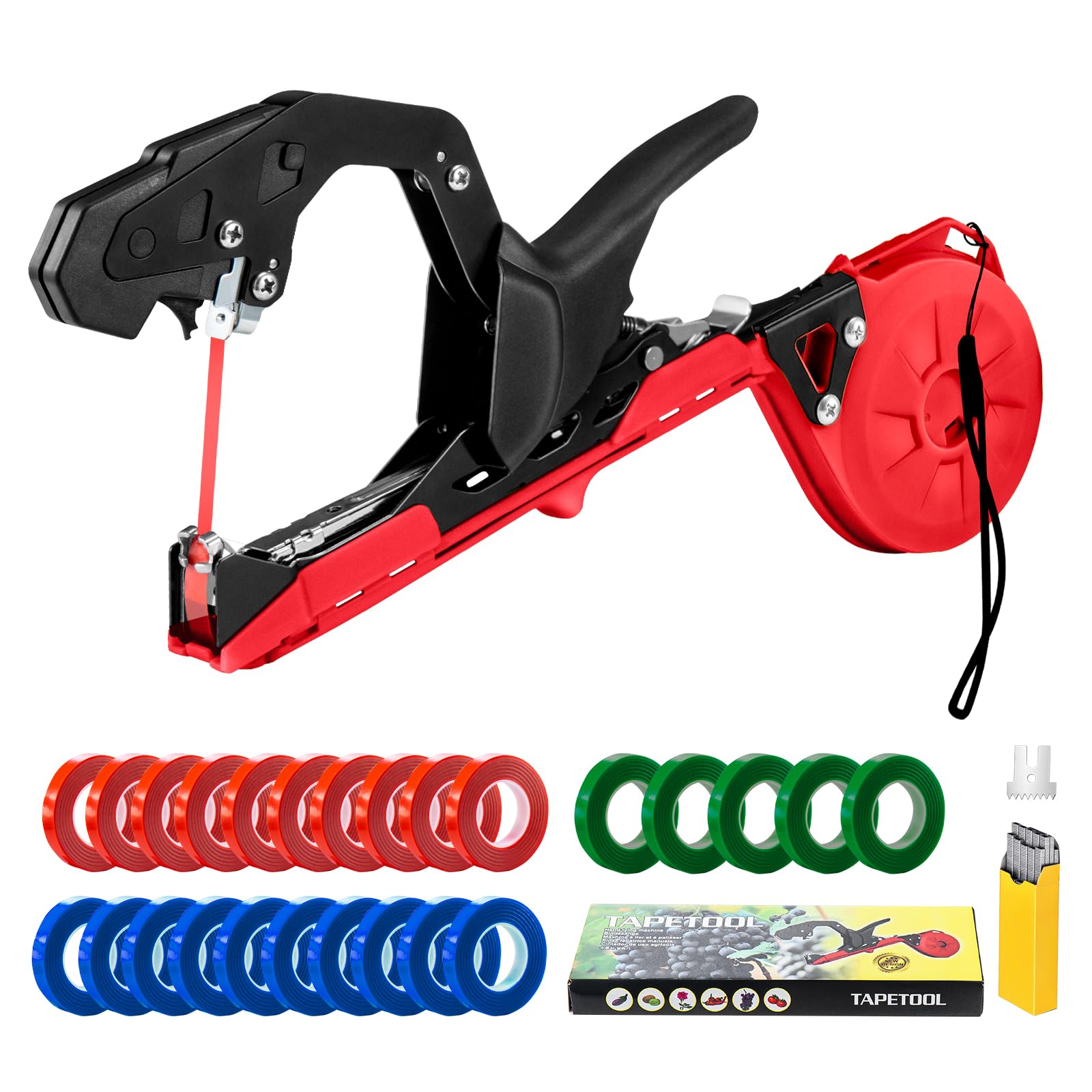GROWNEER Upgraded Plant Tying Machine, Garden Tape Tool with 25 Rolls Tapes and 10000pcs Staples, Lightweight Plant Tape Gun Tying Tape Tool to Tie Up Vine Tomatoes Grapes Vegetables Garden, Red