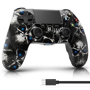 وحدة تحكم ISHAKO لجهاز PS4، وحدة تحكم لاسلكية مع مستشعر/مكبر صوت مزدوج للصدمات/6 محاور ومقبس صوت/لوحة لمس مقاس 3.5 مم/بطارية 800 مللي أمبير/كابل USB، تصميم جمجمة سوداء بمقبض مريح