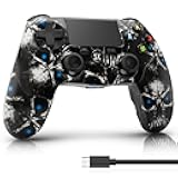 ISHAKO Controller for PS4, Wireless Controller with Double Shock/6-Axis Motion Sensor/Speaker & 3.5mm Audio Jack/Touch Pad/800mAh Battery/USB Cable, Ergonomic Grip – Black Skull Design