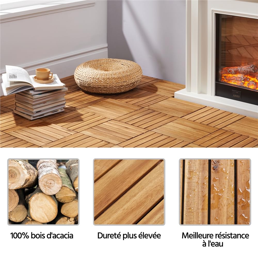 Yaheetech Caillebotis Bois Exterieur 27 PCS, Dalles de Terrasse en Bois d'acacia 30 x 30 cm, Revêtement de Sol Extérieur Intérieur pour Terrasse et Balcon