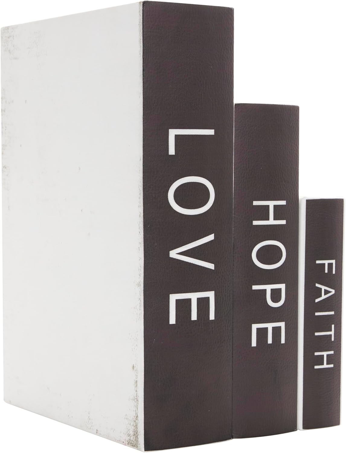 Deco 79 Wooden Decorative Box Love, Hope, Faith Faux Storage Book Book Shaped Boxes with Black Spine and Gold Accents, Set of 3 Decorative Keepsake Boxes 11", 8", 6"H, White
