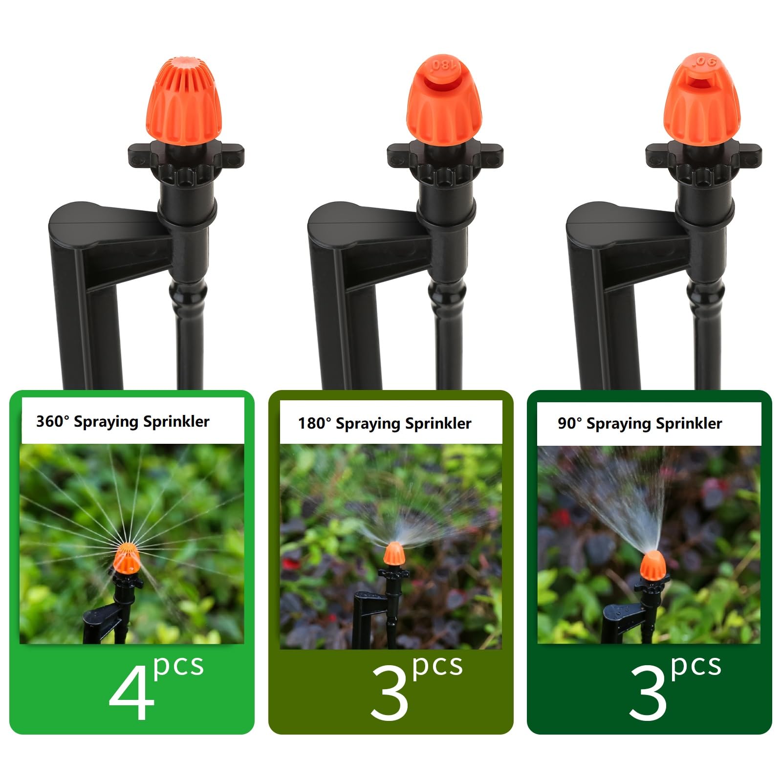 Emisores de riego por goteo con estacas: 10 juegos de pulverizadores de riego por goteo de 90/180/360 grados para sistema de riego de jardín de tubos de 1/4 pulgadas
