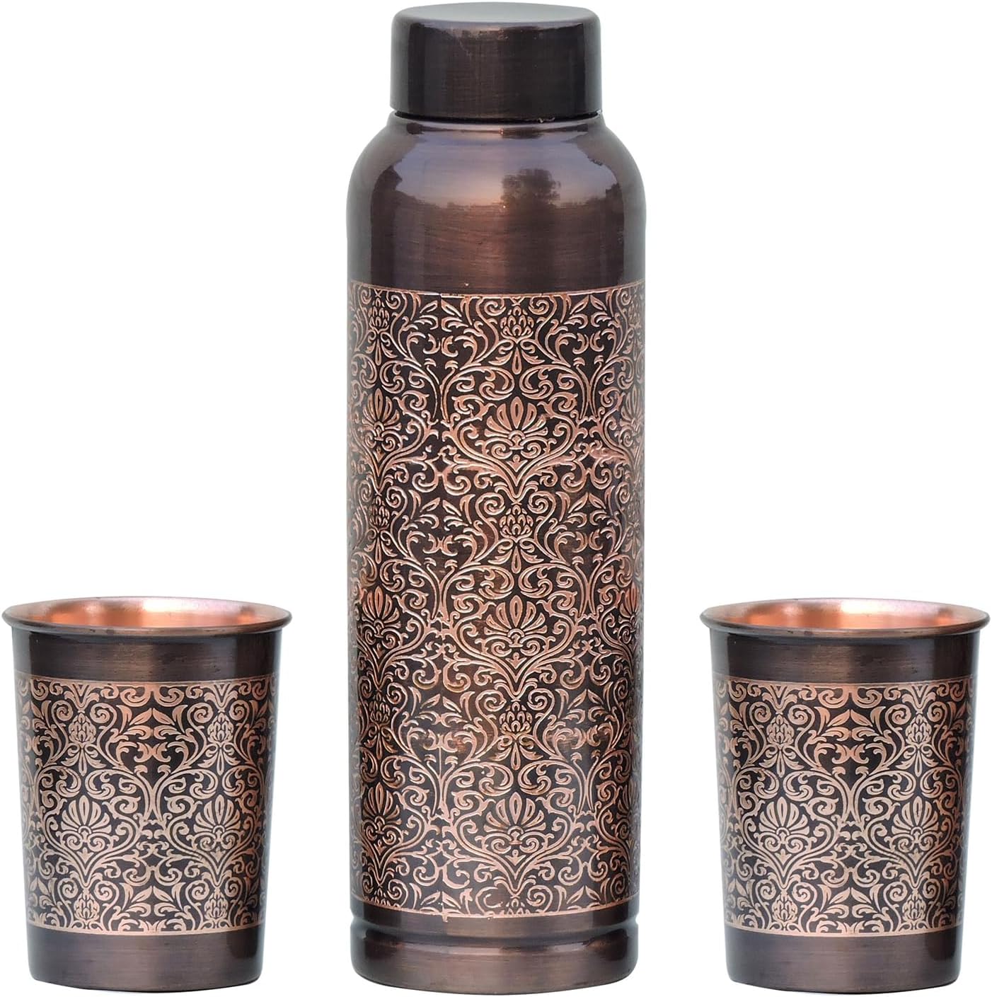 ANCIENT IMPEX Pure Copper Milton Water Bottle with 2 Tumblers – Floral Design | Ayurveda Benefits & Daily Hydration