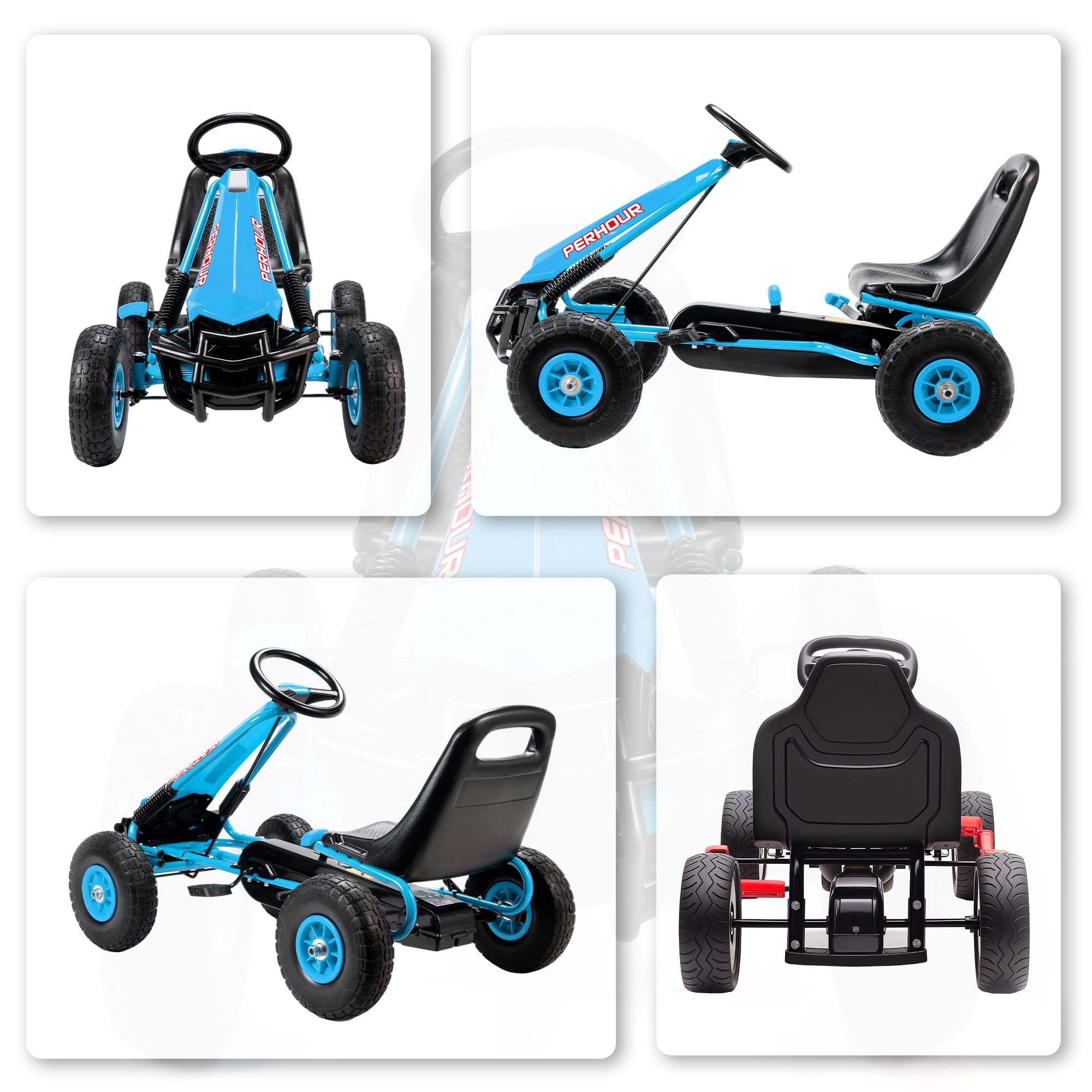 AIYAPLAY Gokart, Tretauto mit Handbremse, verstellbarem Sitz, Vor- und Rückwärtsgang, Pedalantrieb, Kinderfahrzeug mit Eva Reifen, manueller Kupplung, Tretfahrzeug für Kinder 3-8 Jahren, Blau