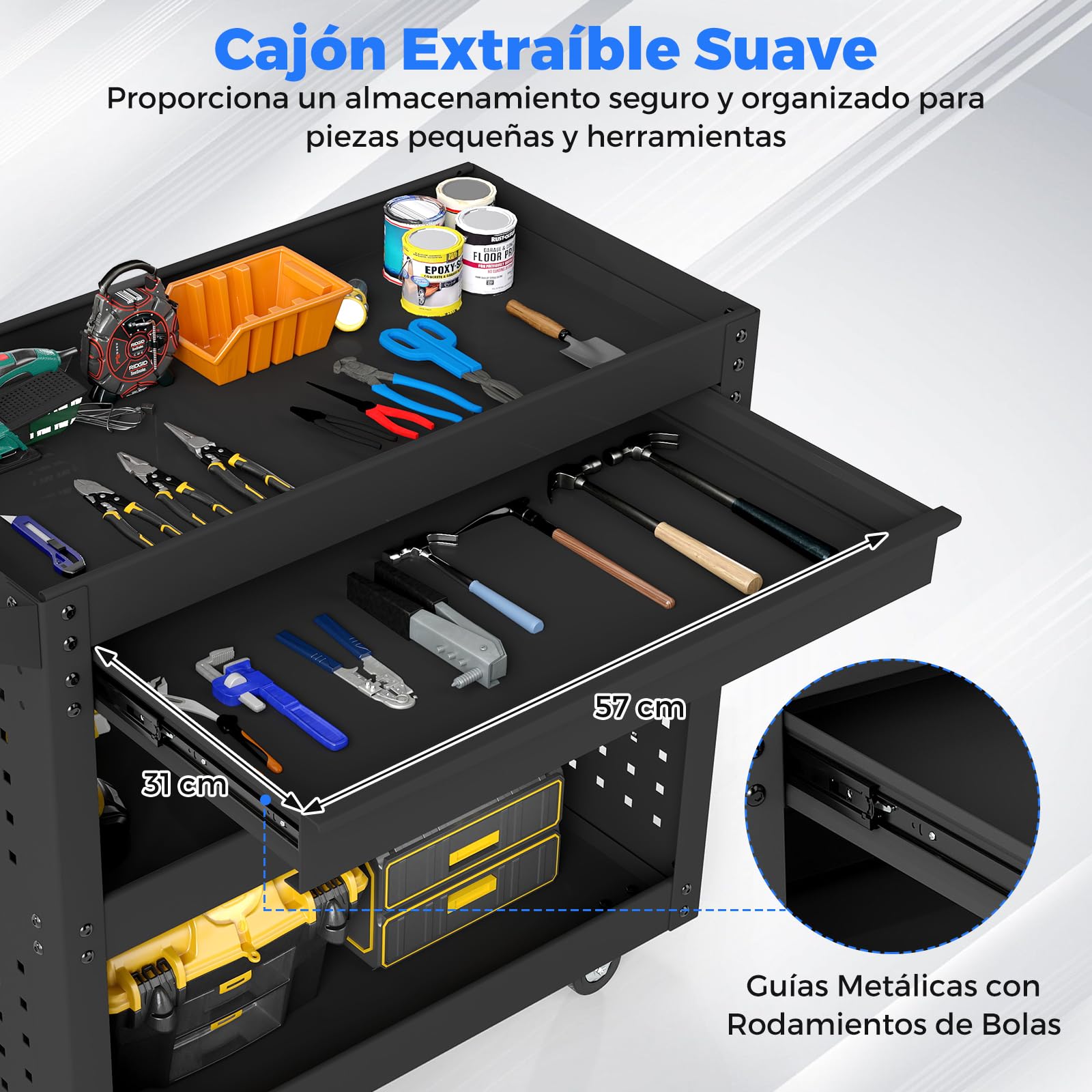 COSTWAY Carro Herramientas de 3 Niveles, Organizador de Herramientas con Cajón, 2 Tableros Perforados y 8 Ganchos, Marco Metálico, Almacén Garaje Taller, 80 x 35 x 73 cm
