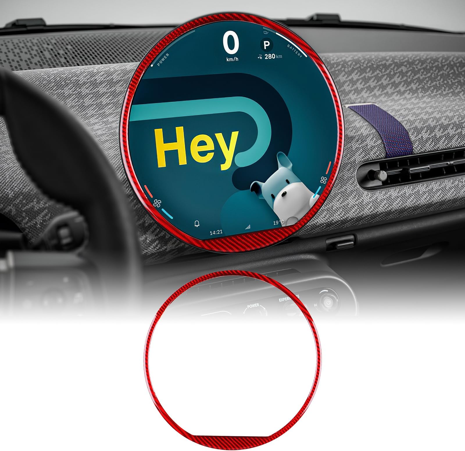 For MINI Cooper J01 EV E/SE COUNTRYMAN U25 F65 F66 F67 J05 ACEMAN 2024 2025 Carbon Fiber Car Central Control Screen Decorative Ring Sticker Indoor Accessories, Gift (Red)