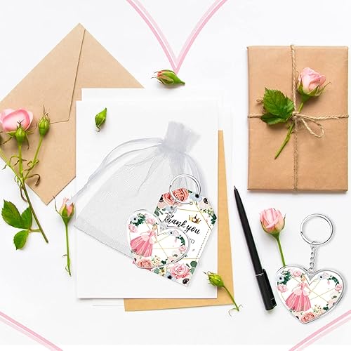 Miniatura 6 de Sureio 38 juegos de recuerdos de fiesta de quinceañera para invitados, llavero de corazón rosa, regalos de quinceañera para niña, princesa,