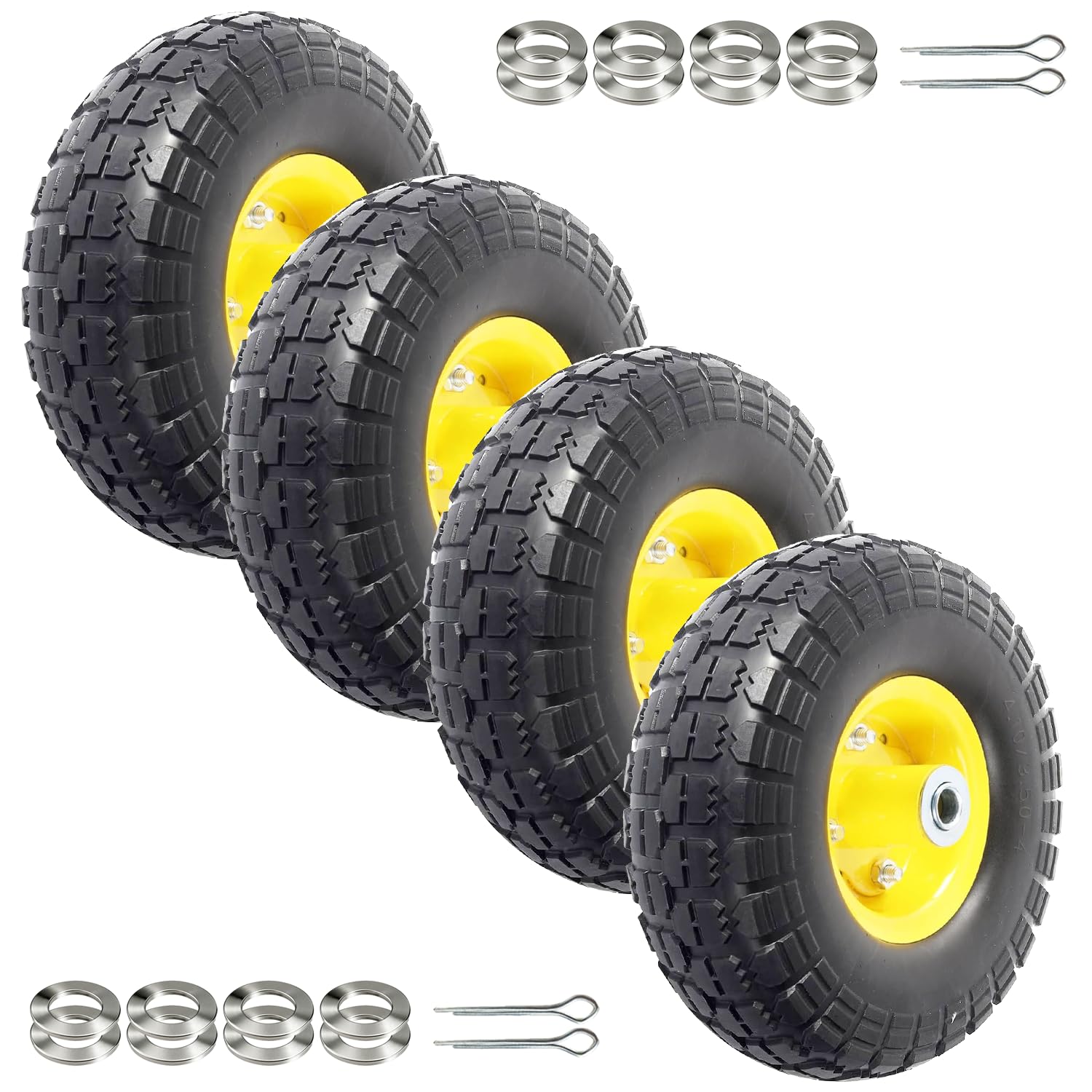 (4-Pack)10-Inch Solid Rubber Tires and Yellow Wheels-Replacement 4.10/3.50-4”Tires and Wheels with 5/8” Axle Bore Hole, 2.17”Offset Hub, and Double Sealed Bearings-Perfect for Gorilla Carts…