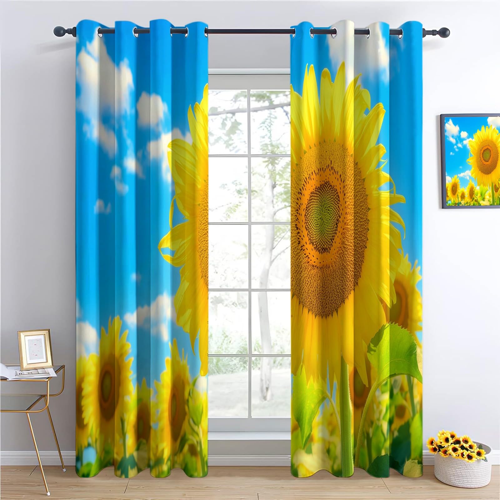 Générique Rideau Occultant Tournesols Ciel Bleu Et Nuages ​​Blancs, Rideau Thermique Isolant Bleu - Draperies Polyester Opaque à Oeillets pour Chambre Salon Fenêtre Décoration Lot de 2 110L x 215H cm