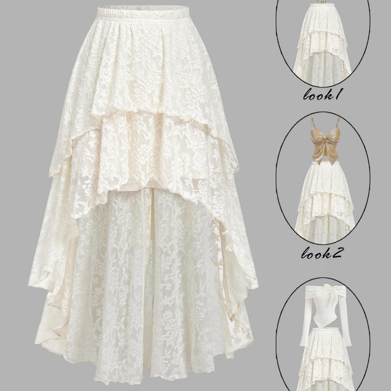 Générique Jupe Longue à Volants en Dentelle et Tulle superposés pour Femme, Coupe trapèze, Style bohème, Ourlet Tendance, idéale pour Les Sorties. (White,S)