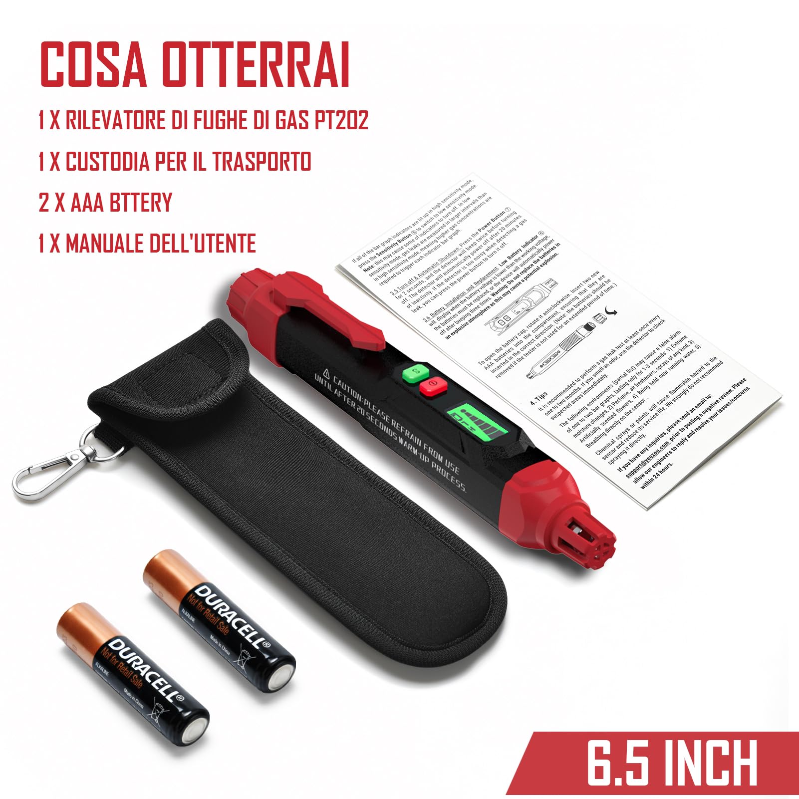 Rilevatore di fughe di gas, TECHAMOR PT202 Allarme portatile per fughe di gas naturale Individua le perdite di gas combustibili come metano, GPL, GNL, carburante, gas di fognatura (nero)