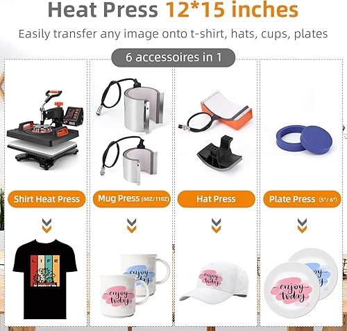 Miniatura 9 de Máquina de prensa de calor, máquina de sublimación profesional 11 en 1 de 12 x 15 pulgadas, máquina de transferencia de calor de impresión de