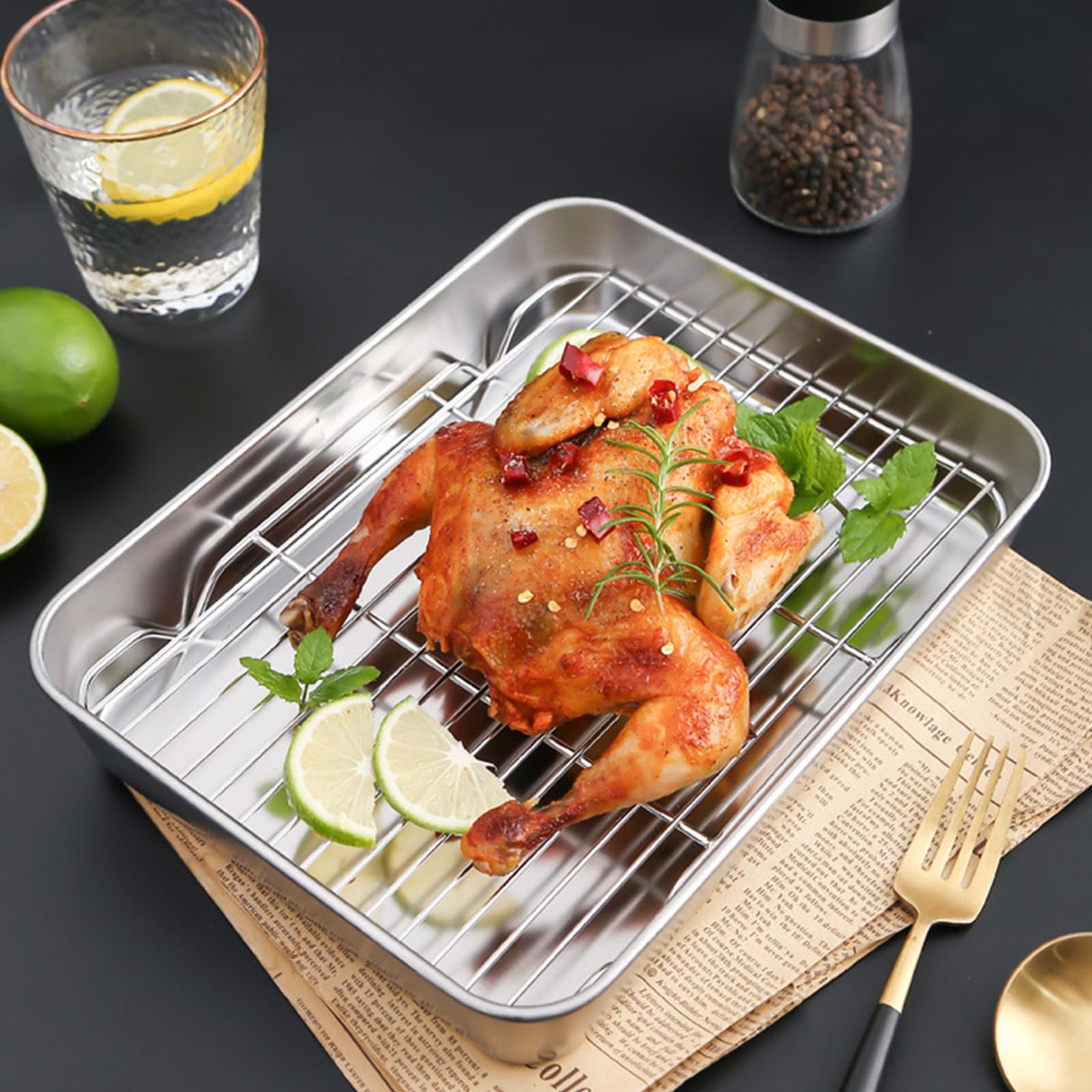 Sartén de acero inoxidable de gran capacidad con estante de alambre para hornear uniformemente, bandeja de parrilla duradera y resistente al óxido