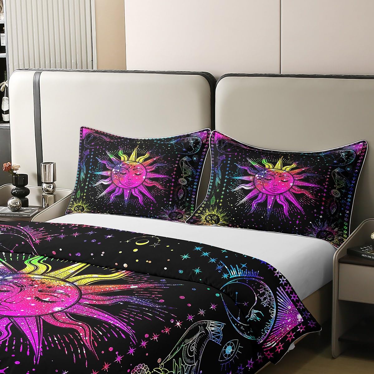 100% Cotton Boho Sun Moon Duvet Cover Double,Rainbow Tie Dye Picnic Bedding Set,Colorful Psychedelic Galaxy Comforter Cover,Starry Night Trippy Celestial Constellation Bed Sets with 1 Pillow Case - Image 4