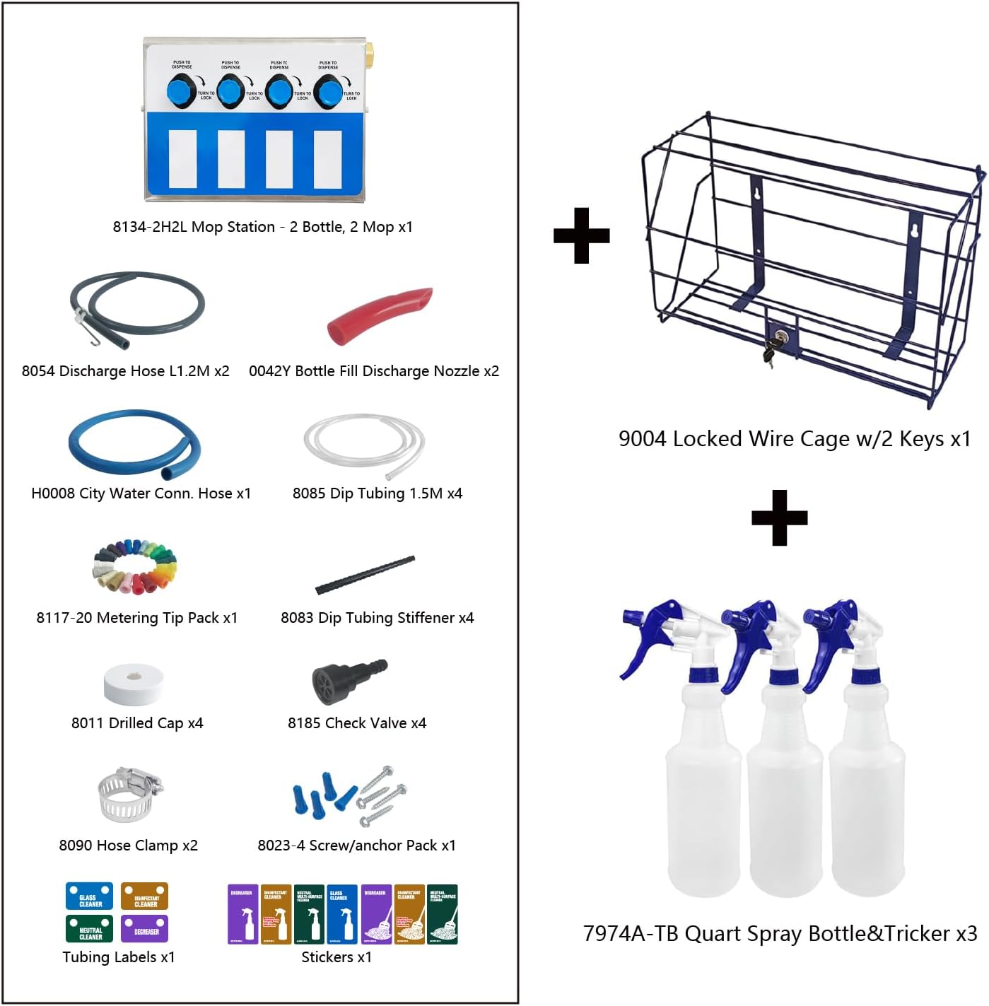 4-Products Spray Bottle&Mop Bucket, Proportioner with Locking Cage, Cleaning Chemical Dilution Dispensing Proportioner for Application in Hotel, School, Store, Restaurant, Hospital, 8134-2B-9004