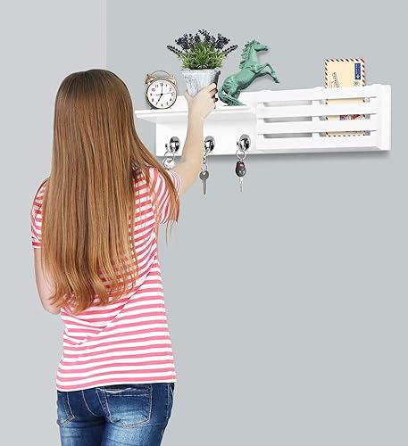 Miniatura 2 de Greenco Estante flotante montado en la pared para entrada con ganchos, sombrero y abrigo, estante de almacenamiento colgante de madera, 24 pulgadas,