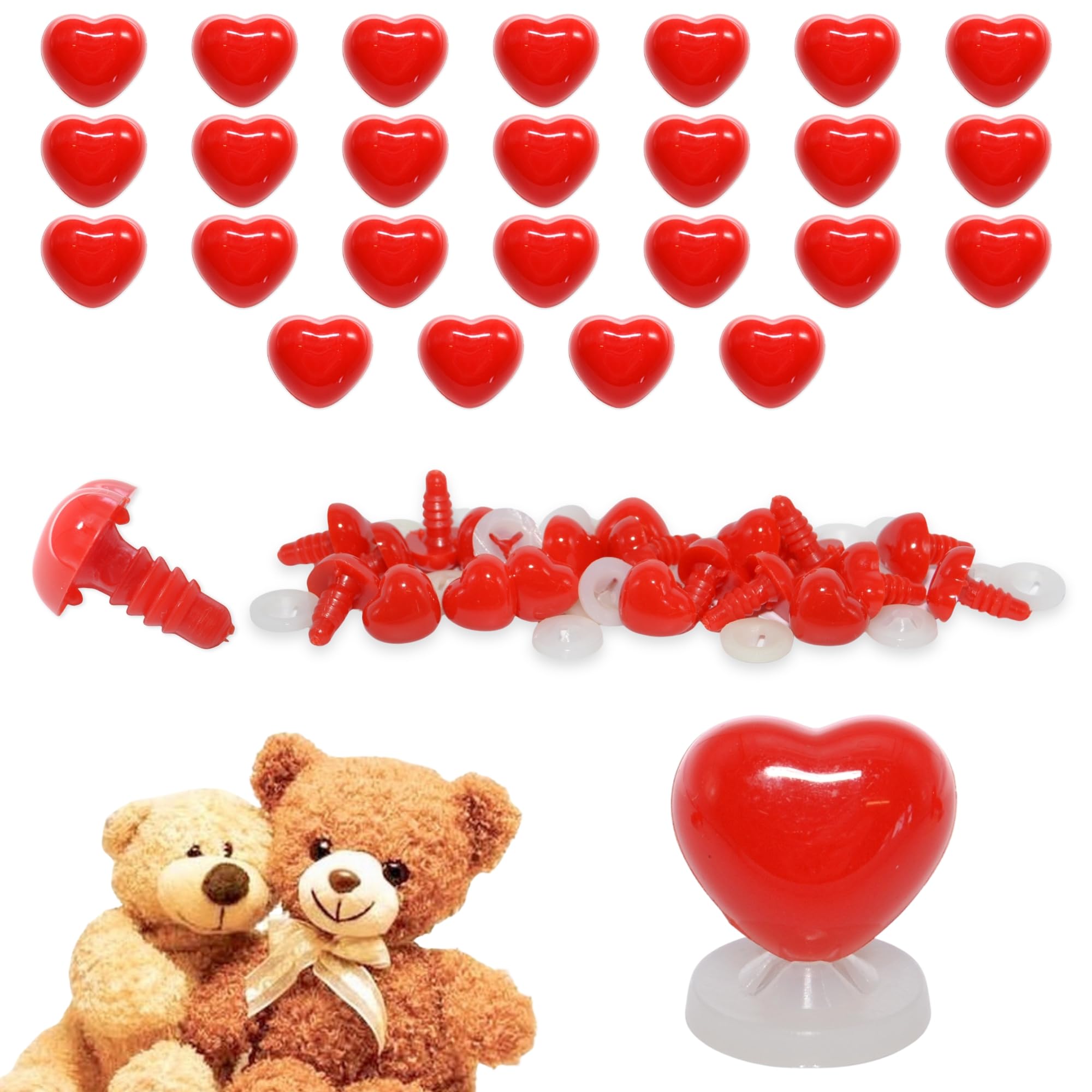 celloexpress 15mm x 13mm Bright Red Heart Noses with Plastic Backs - Safety Noses for Soft Toy Teddy Bear Animal Making (Pack of 25)