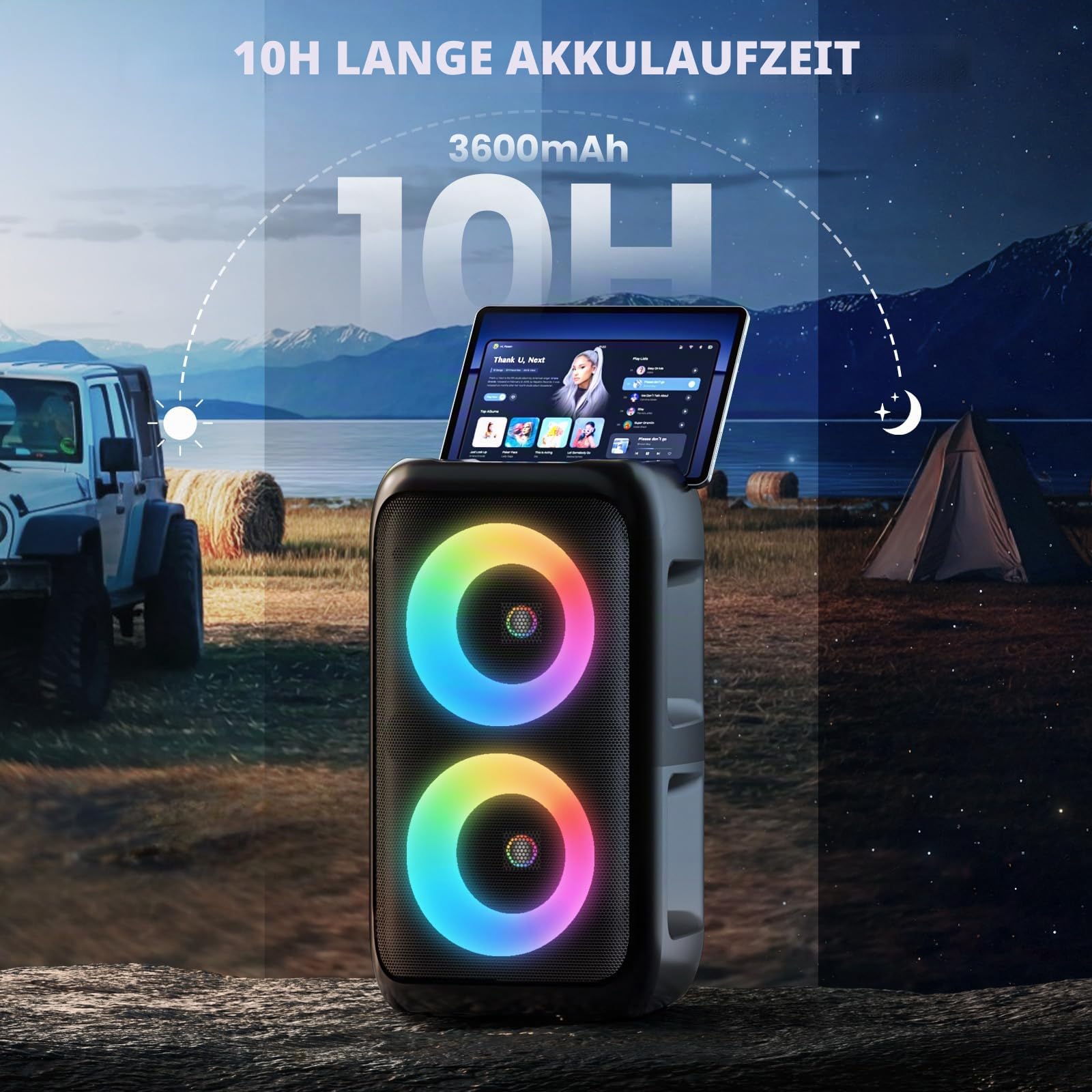 Karaoke Maschine mit 2 kabellosen Mikrofonen – 2x10W Tragbarer Bluetooth Lautsprecher, unterstützt TWS/AUX/USB/FM für TV, Smartphone & Tablet – Ideal für Party, Geburtstag & Reisen (Mic2)