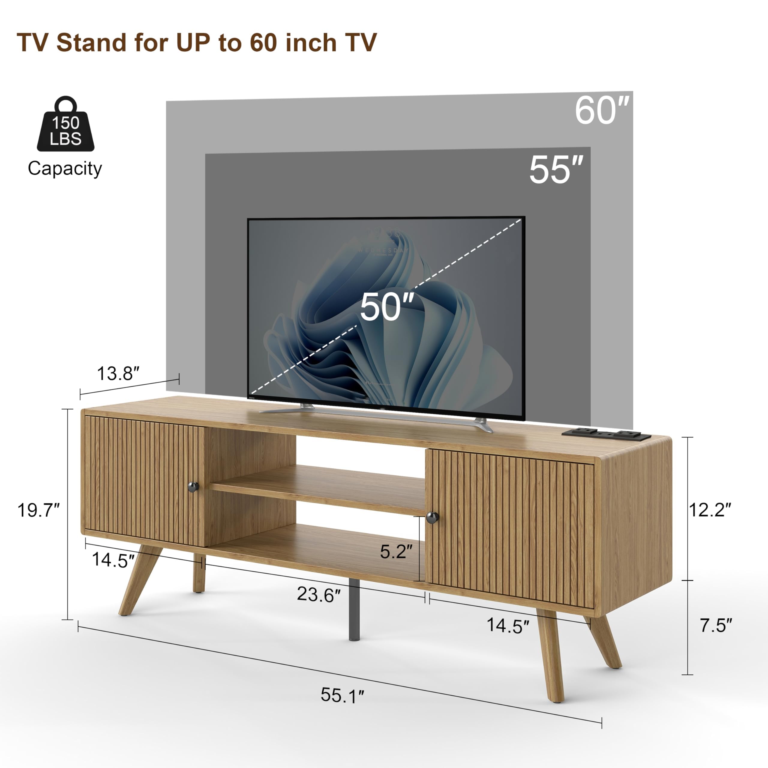 Drewniana szafka pod telewizor o długości 140 cm – szafka stojąca z 2 schowkami i 2 otwartymi półkami, komoda pod telewizor do salonu na telewizor 60 cali, drewniany stolik pod telewizor z płyty P2 15